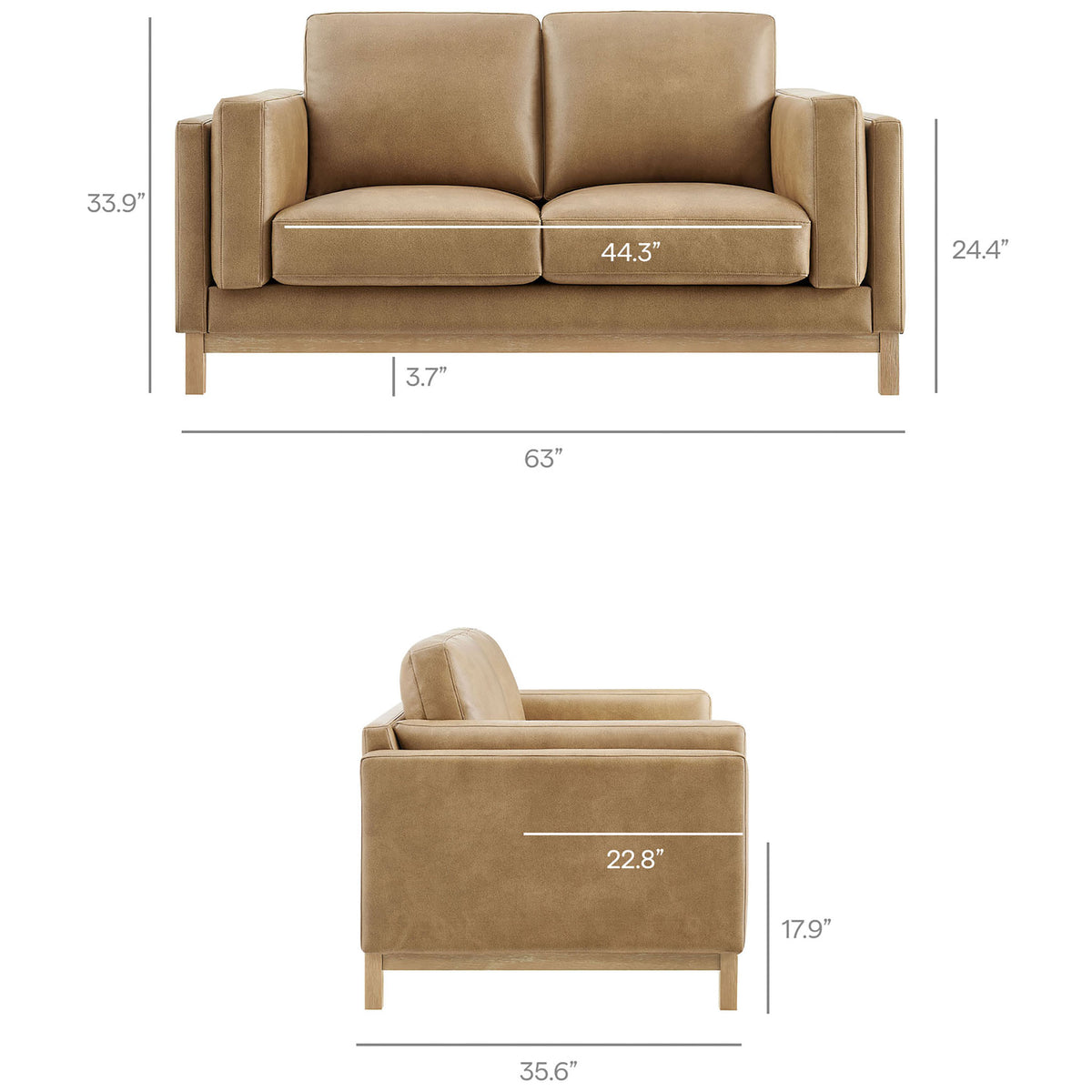 Dimensions of the Roscoe vegan leather loveseat with deep seat and low profile wood base || EEI-7336-TST || dimension_studio