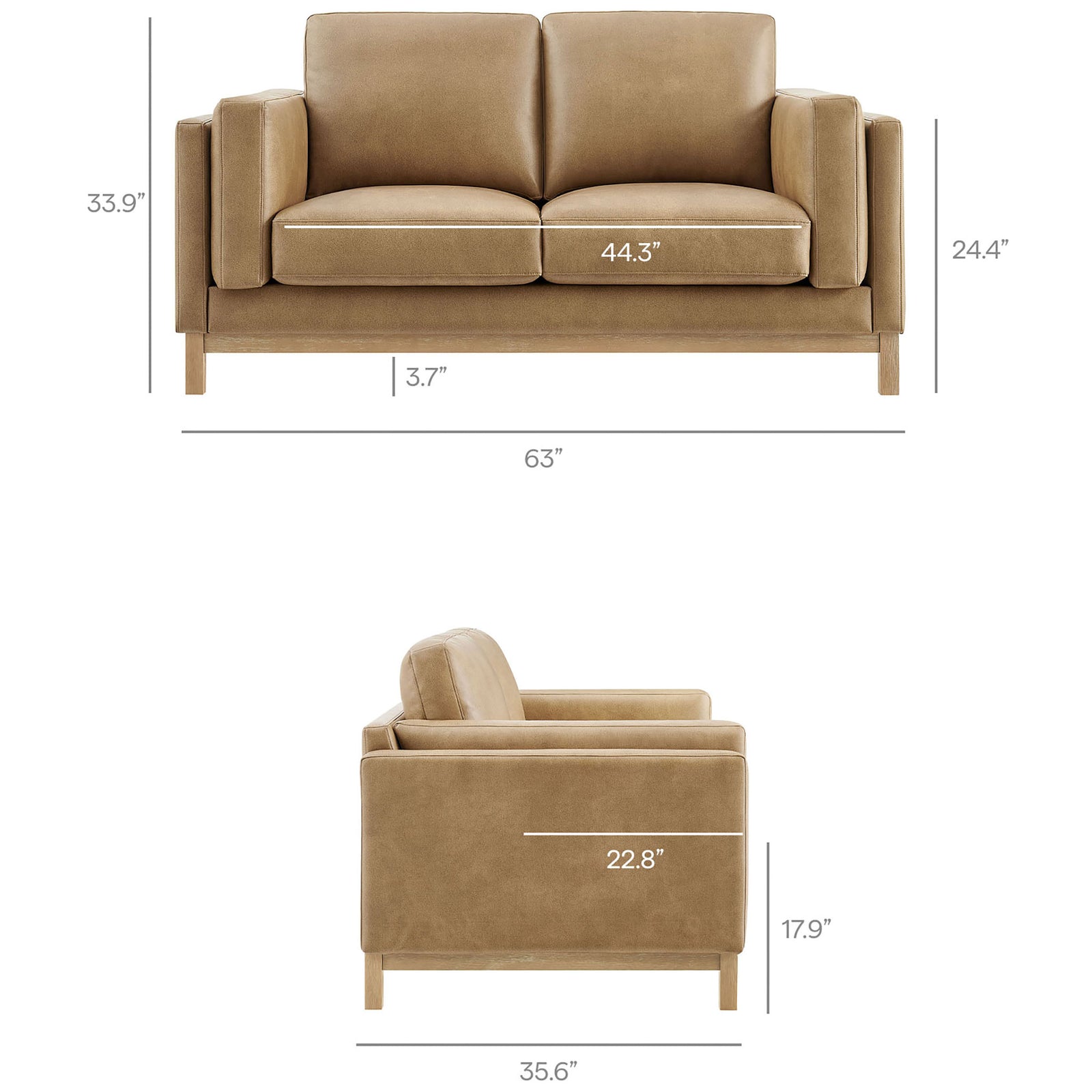 Dimensions of the Roscoe vegan leather loveseat with deep seat and low profile wood base || EEI-7336-TST || dimension_studio