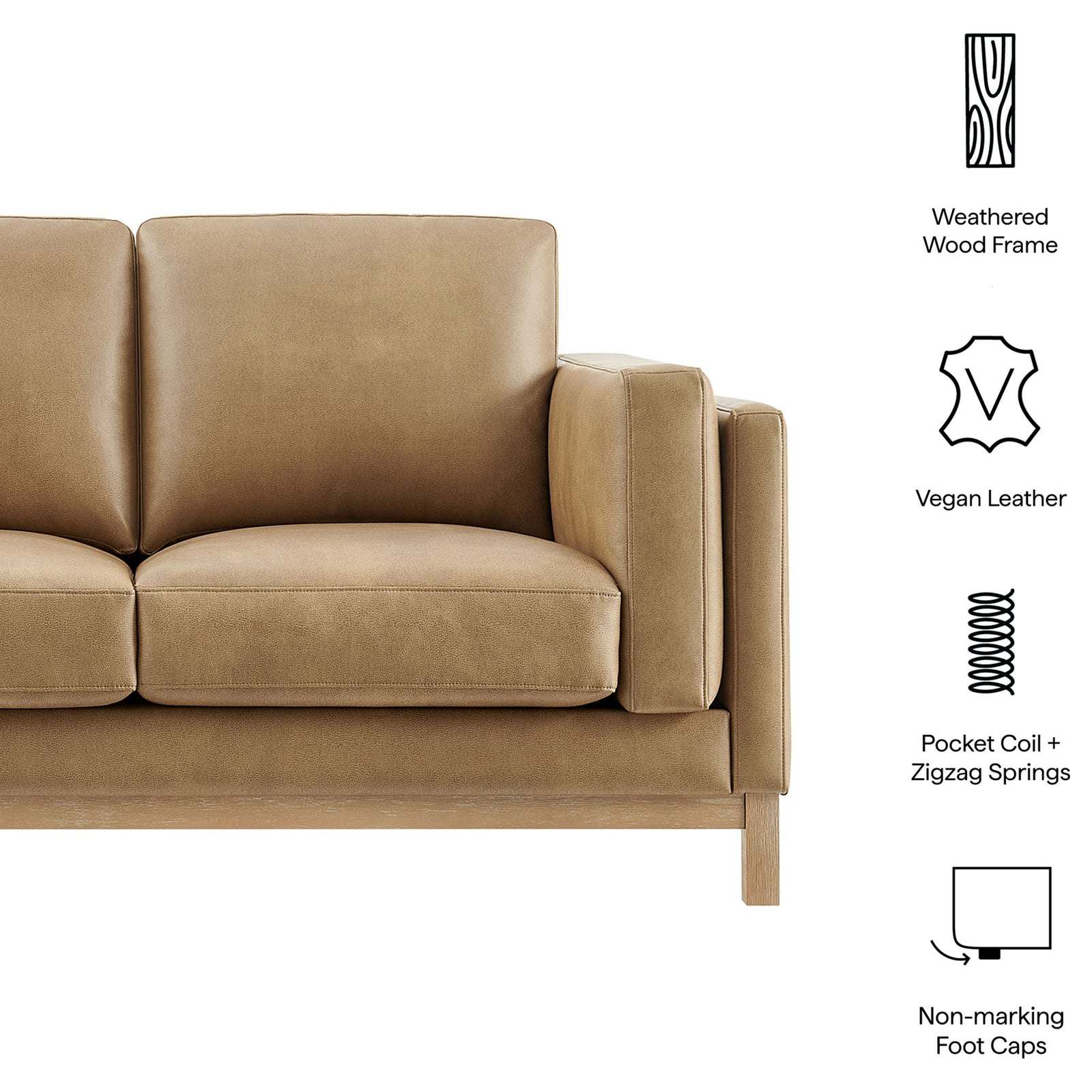 Key features of the Roscoe vegan leather loveseat including weathered wood frame and supportive springs || EEI-7336-TST || callout_studio