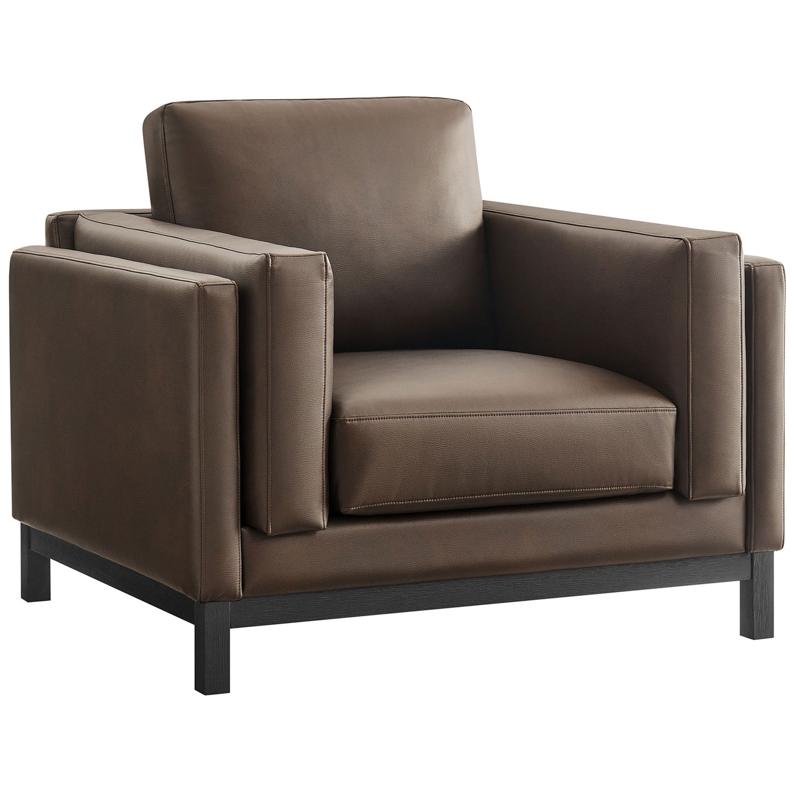 Modern espresso vegan leather armchair with clean lines, supportive track arms, and a sturdy wood base || EEI-7337-ESP || front_angle_studio