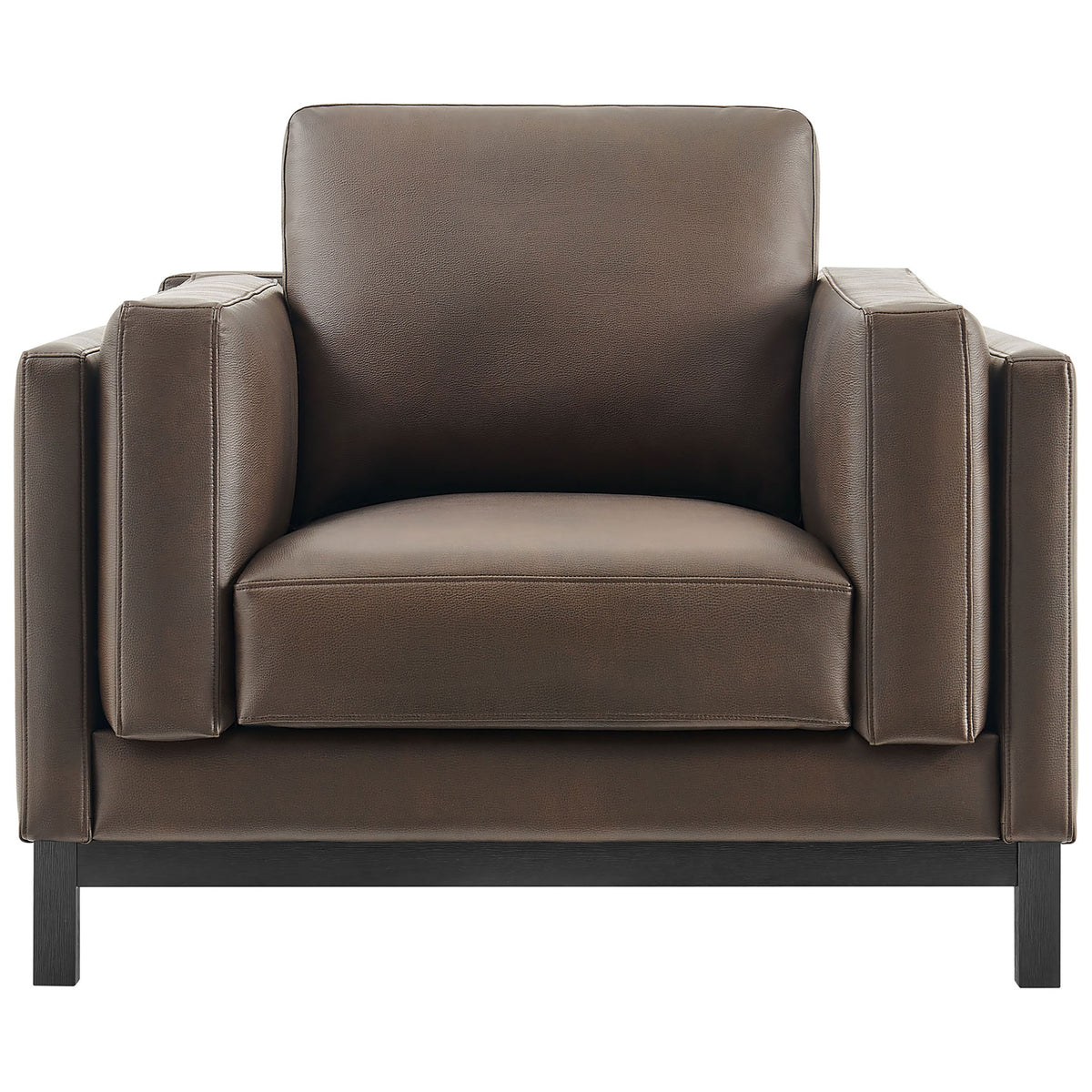 Boxy armchair in espresso vegan leather with deep seat and plush cushions on a sturdy wood base || EEI-7337-ESP || front_studio