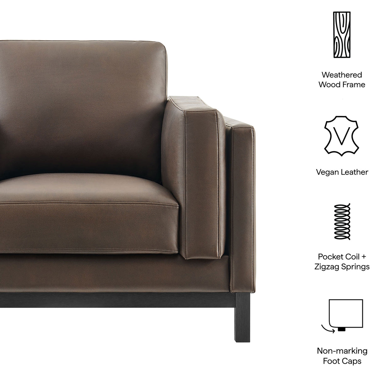 Vegan leather with pocket coils and zigzag springs on a weathered wood frame for lasting comfort || EEI-7337-ESP || callout_studio