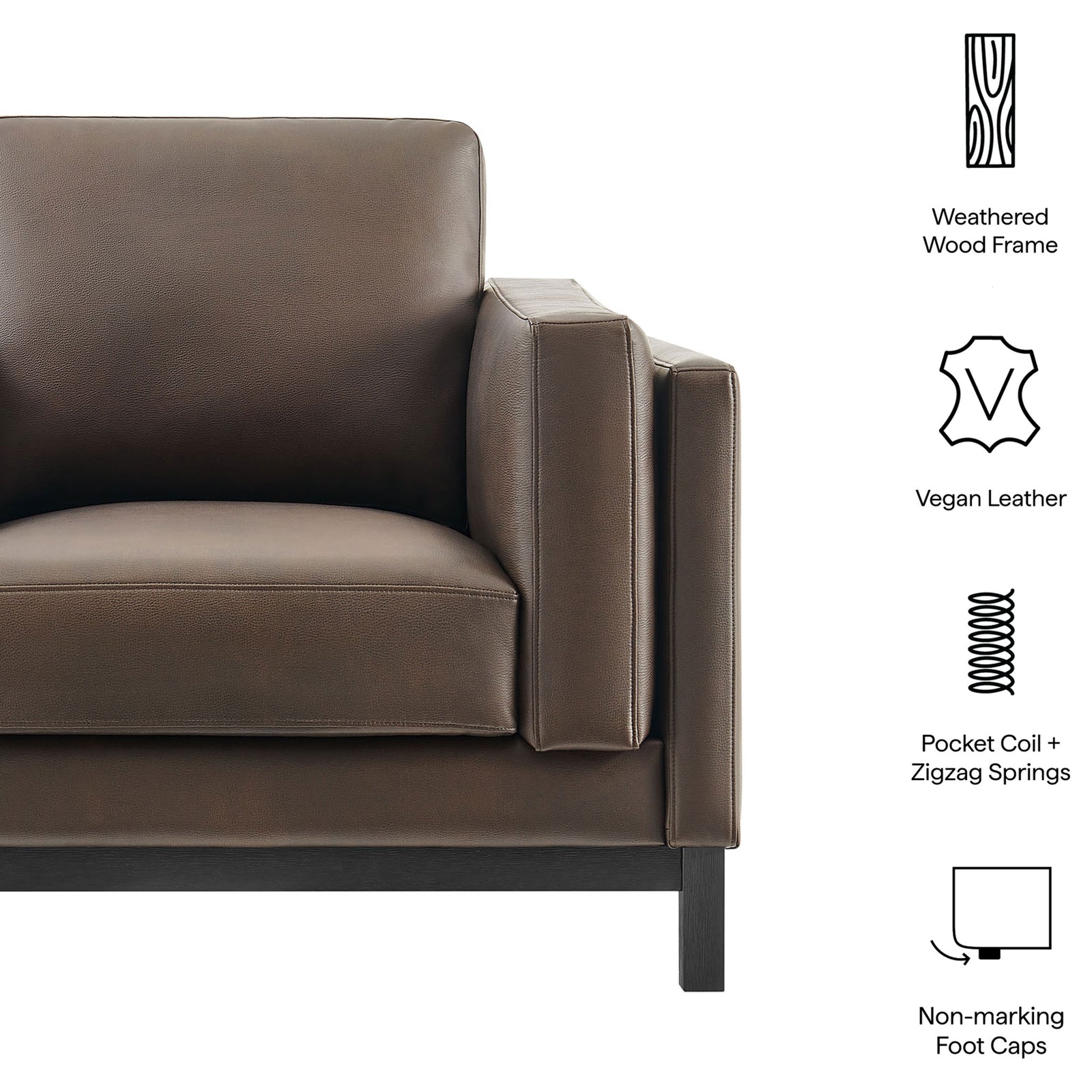 Vegan leather with pocket coils and zigzag springs on a weathered wood frame for lasting comfort || EEI-7337-ESP || callout_studio
