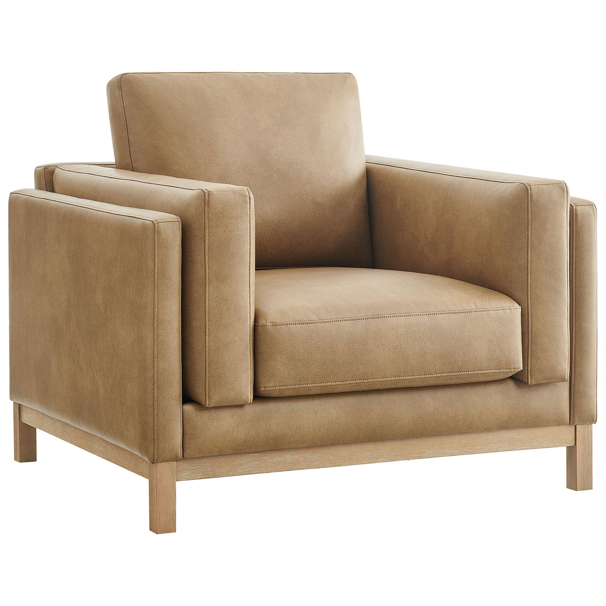 Tailored vegan leather armchair in toast with wide track arms and weathered wood base. || EEI-7337-TST || front_angle_studio