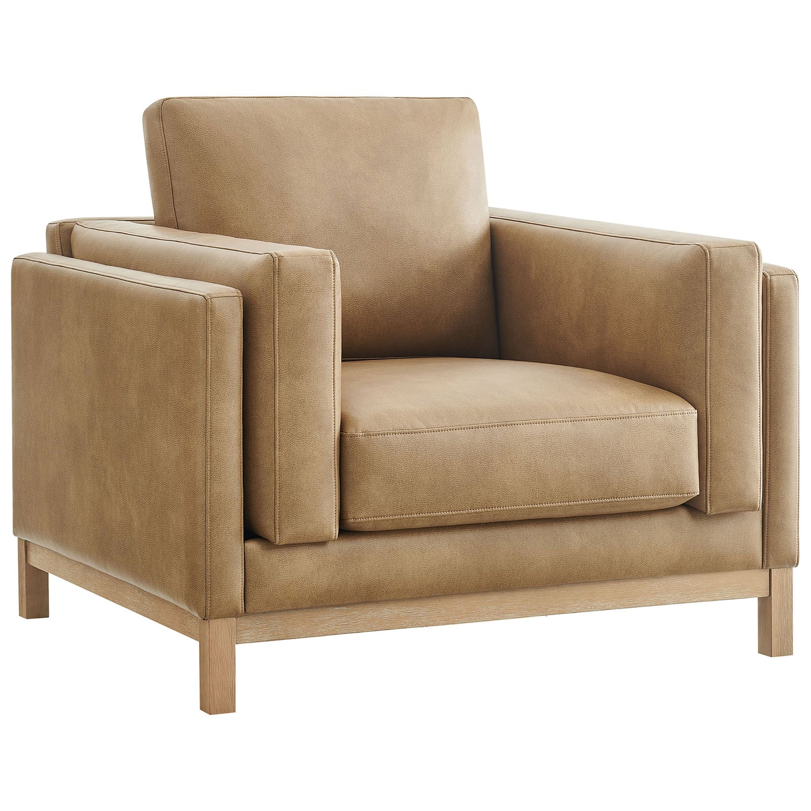 Tailored vegan leather armchair in toast with wide track arms and weathered wood base. || EEI-7337-TST || front_angle_studio