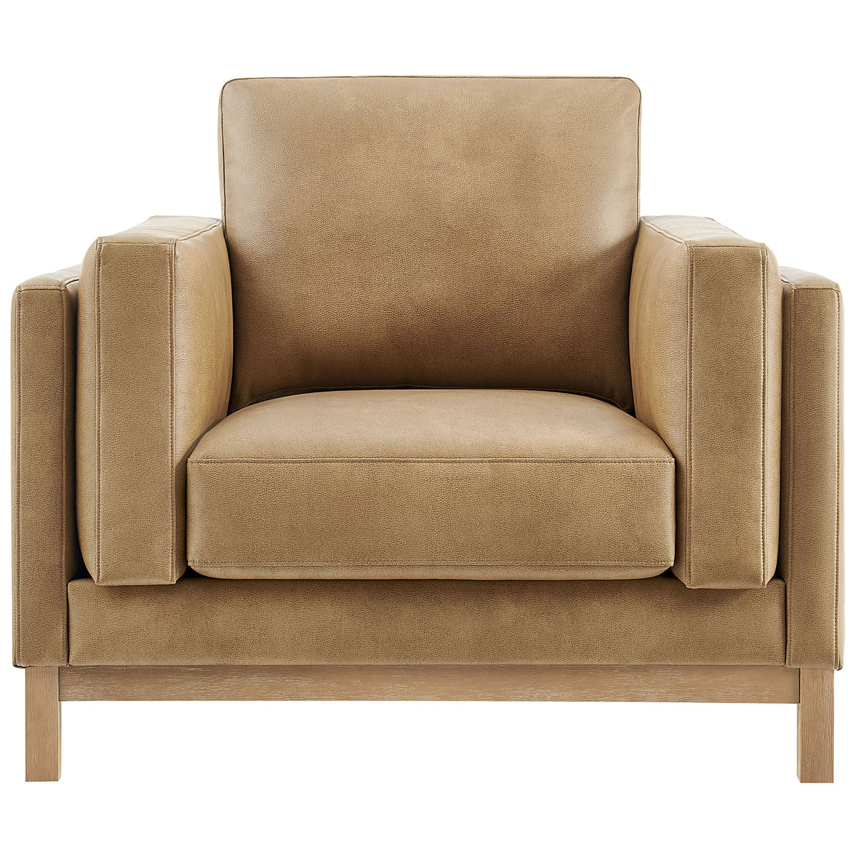 Deep, wide seat and plush cushions bring inviting comfort to this toast vegan leather armchair. || EEI-7337-TST || front_studio