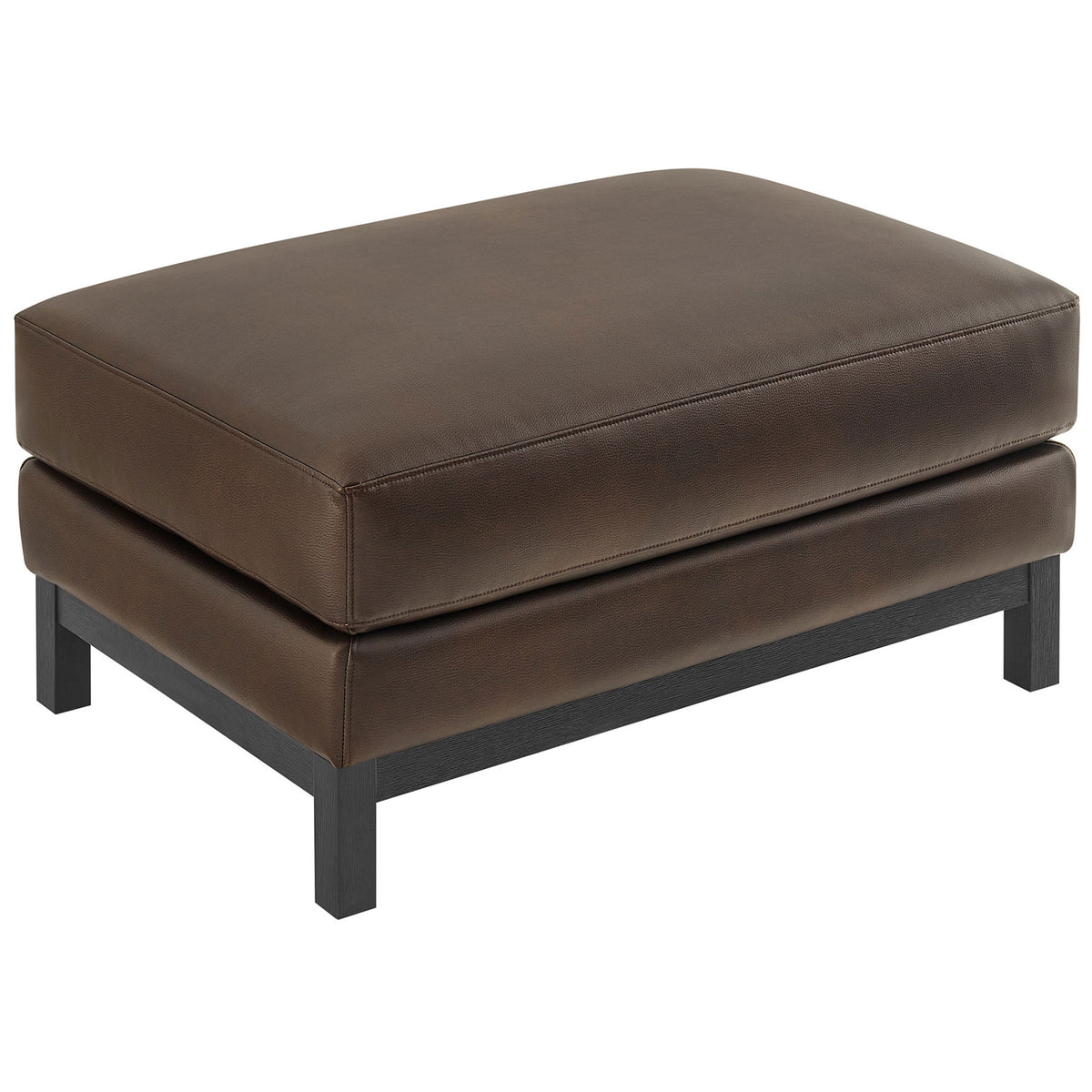 Espresso vegan leather Roscoe ottoman featuring tailored cushioning and sturdy wood legs. || EEI-7338-ESP || front_angle_studio
