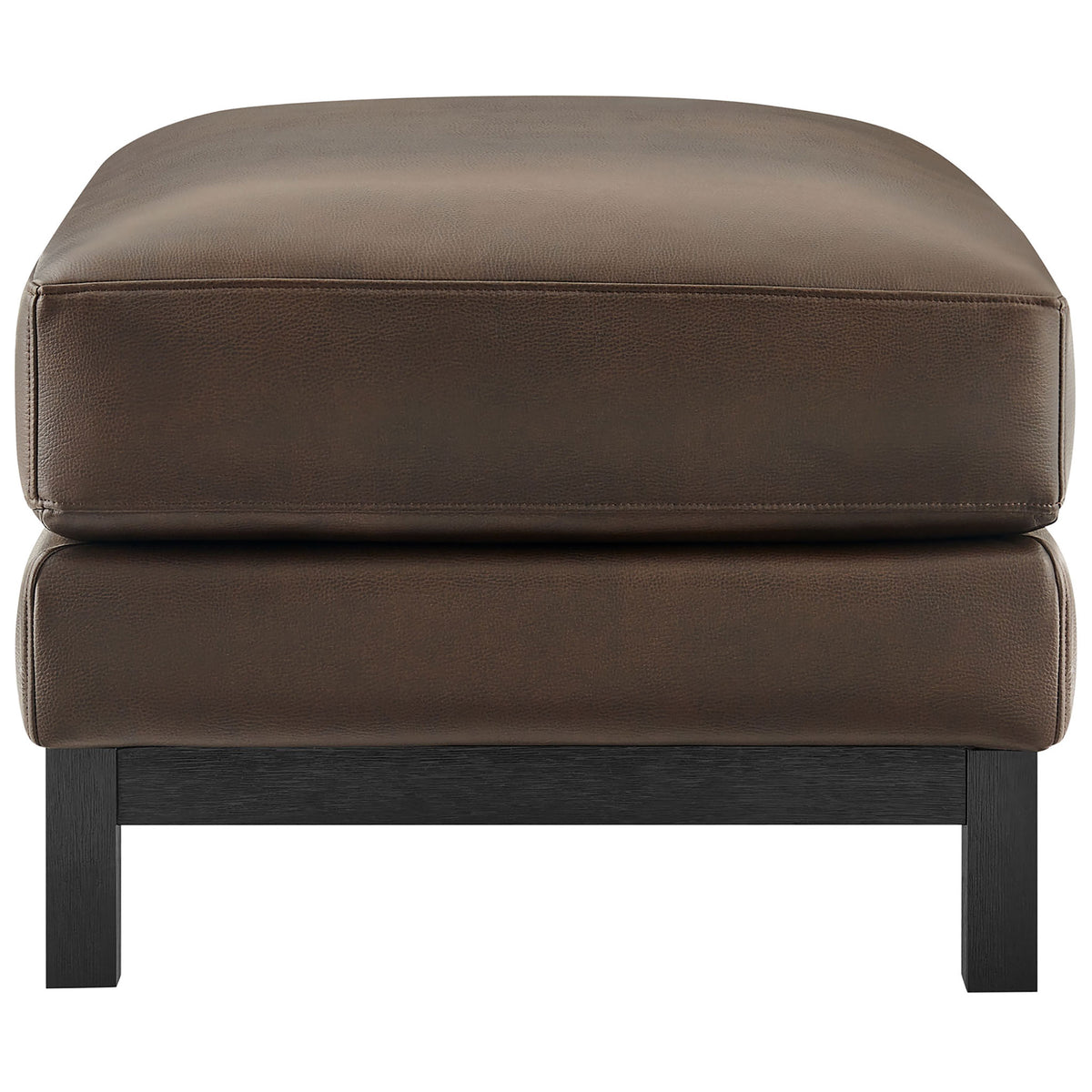 Low-profile Roscoe ottoman in espresso vegan leather with deep seat and open wood base. || EEI-7338-ESP || side_studio