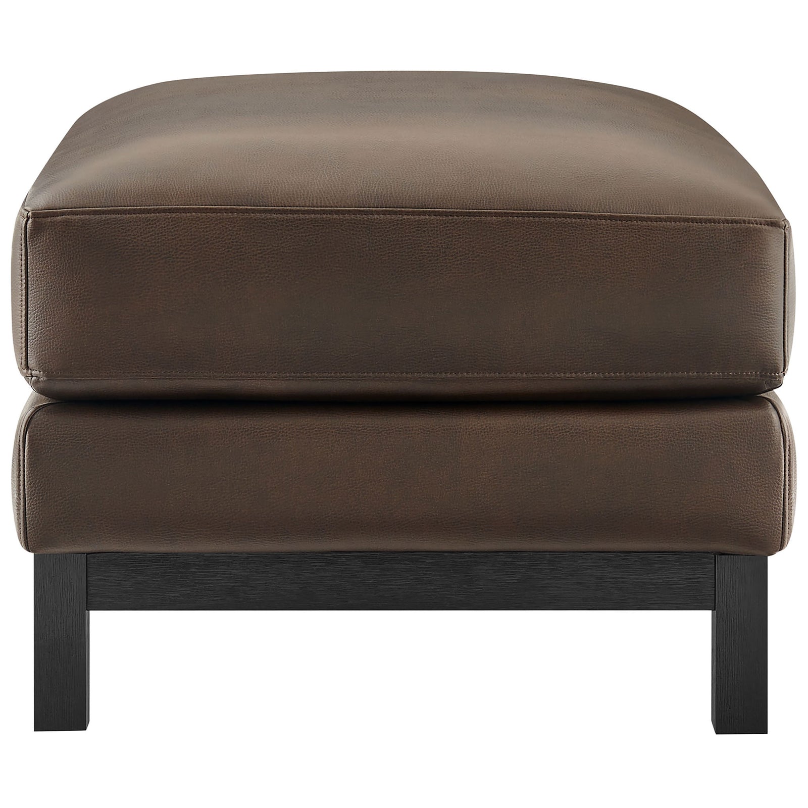 Low-profile Roscoe ottoman in espresso vegan leather with deep seat and open wood base. || EEI-7338-ESP || side_studio