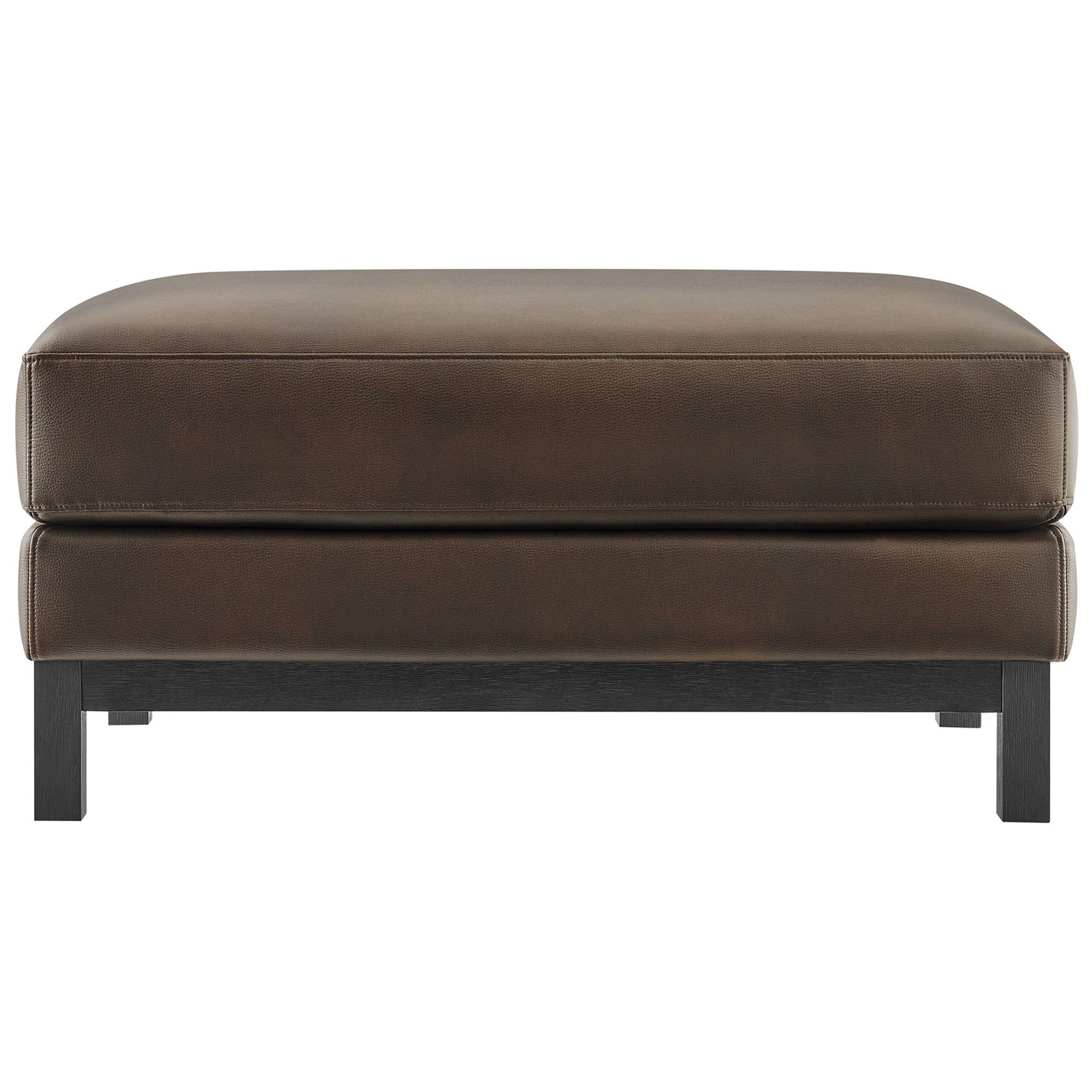 Roscoe espresso vegan leather ottoman with plush rectangular cushion and weathered wood base. || EEI-7338-ESP || front_studio