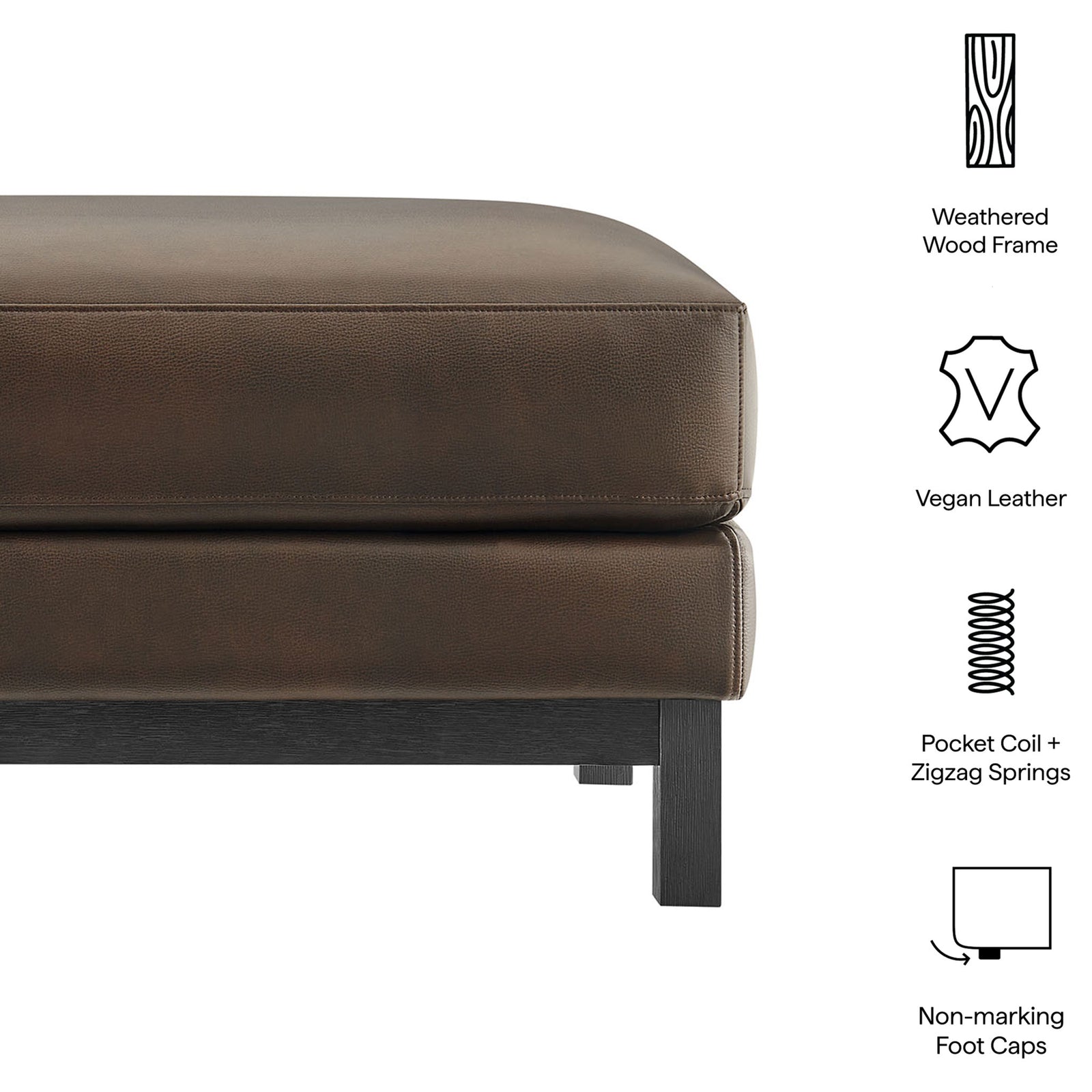 Roscoe ottoman materials and construction highlights including vegan leather, wood frame, springs, and foot caps. || EEI-7338-ESP || callout_studio