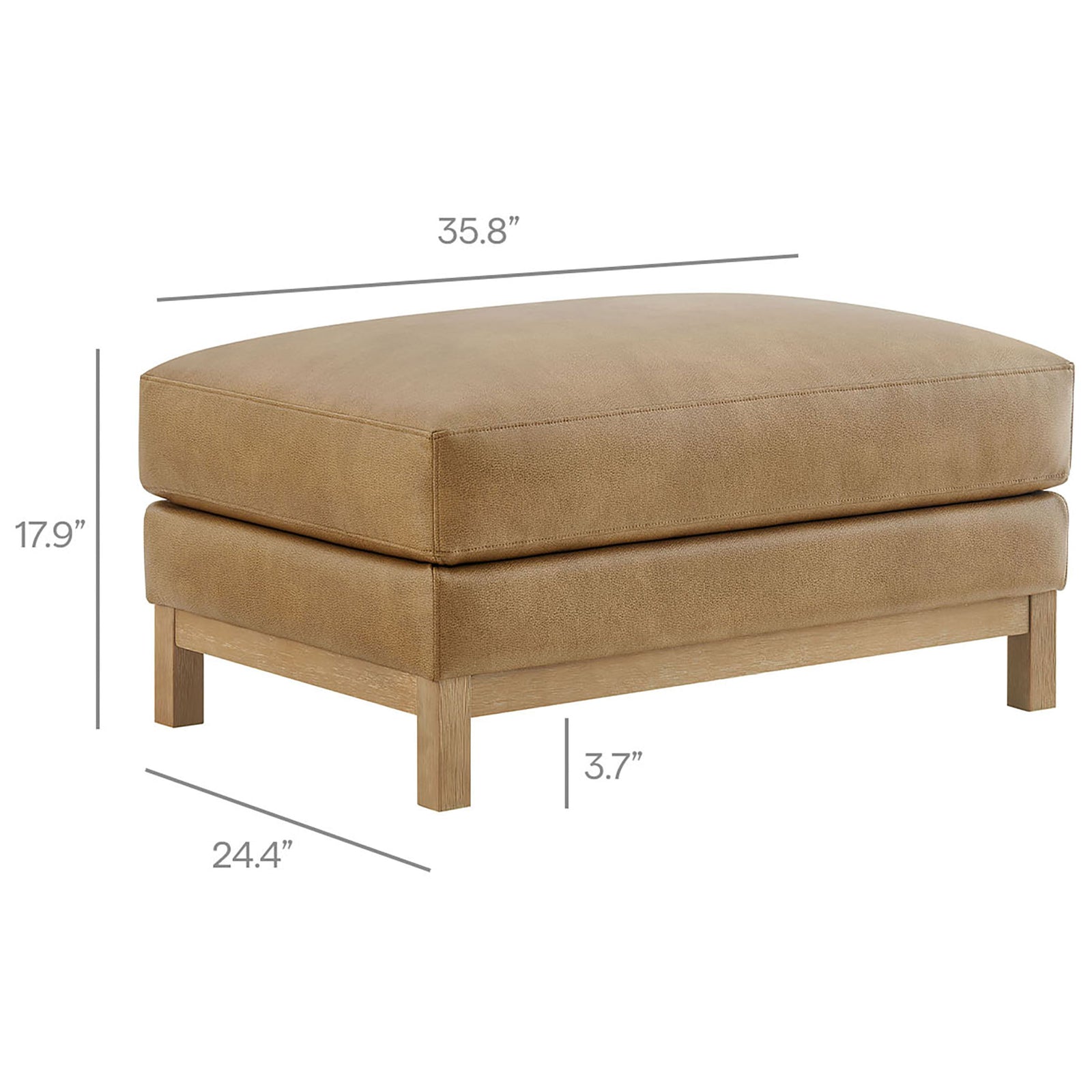 Dimension diagram of Roscoe vegan leather ottoman showing length width and height measurements || EEI-7338-TST || dimension_studio