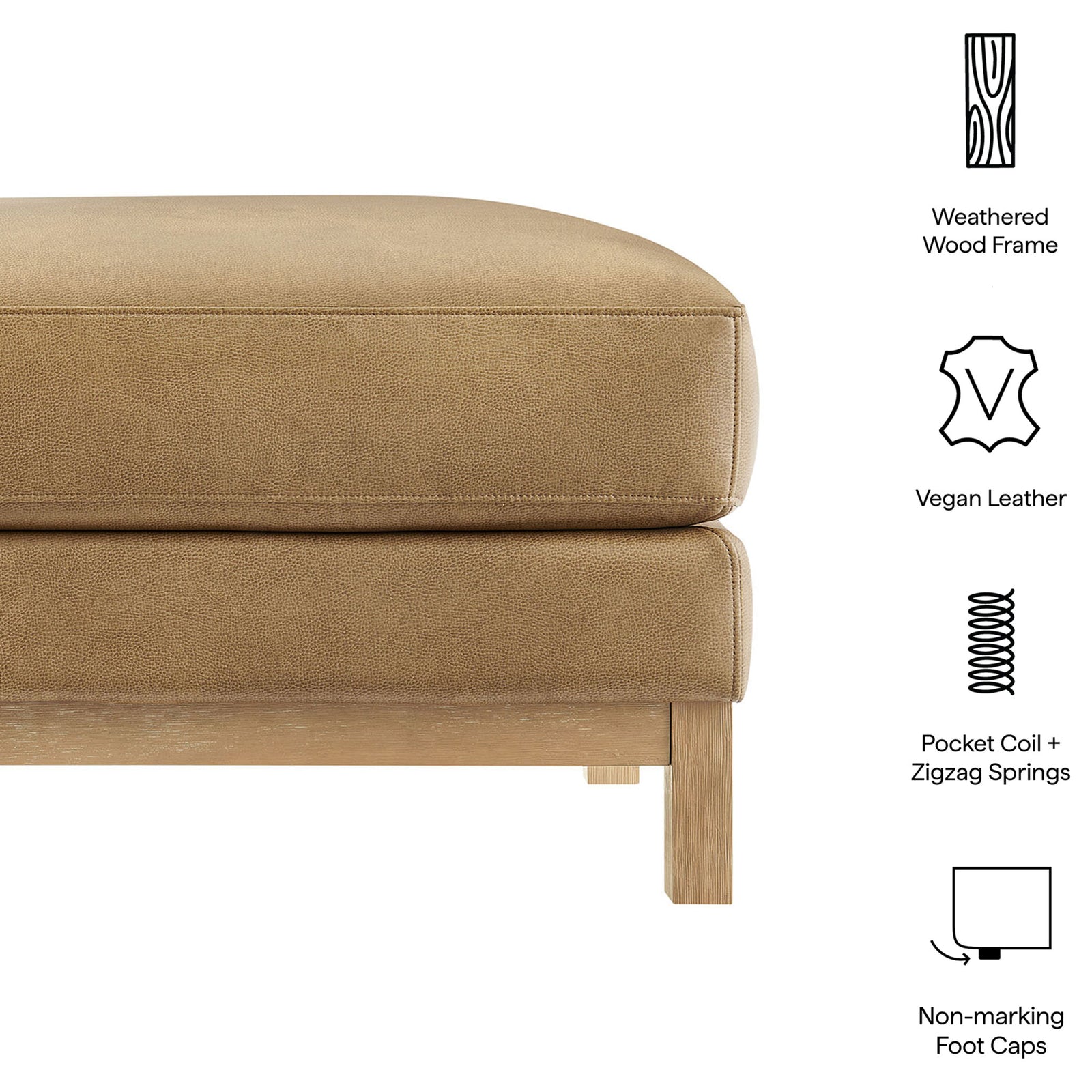 Feature graphic of Roscoe vegan leather ottoman highlighting wood frame springs and foot caps || EEI-7338-TST || callout_studio