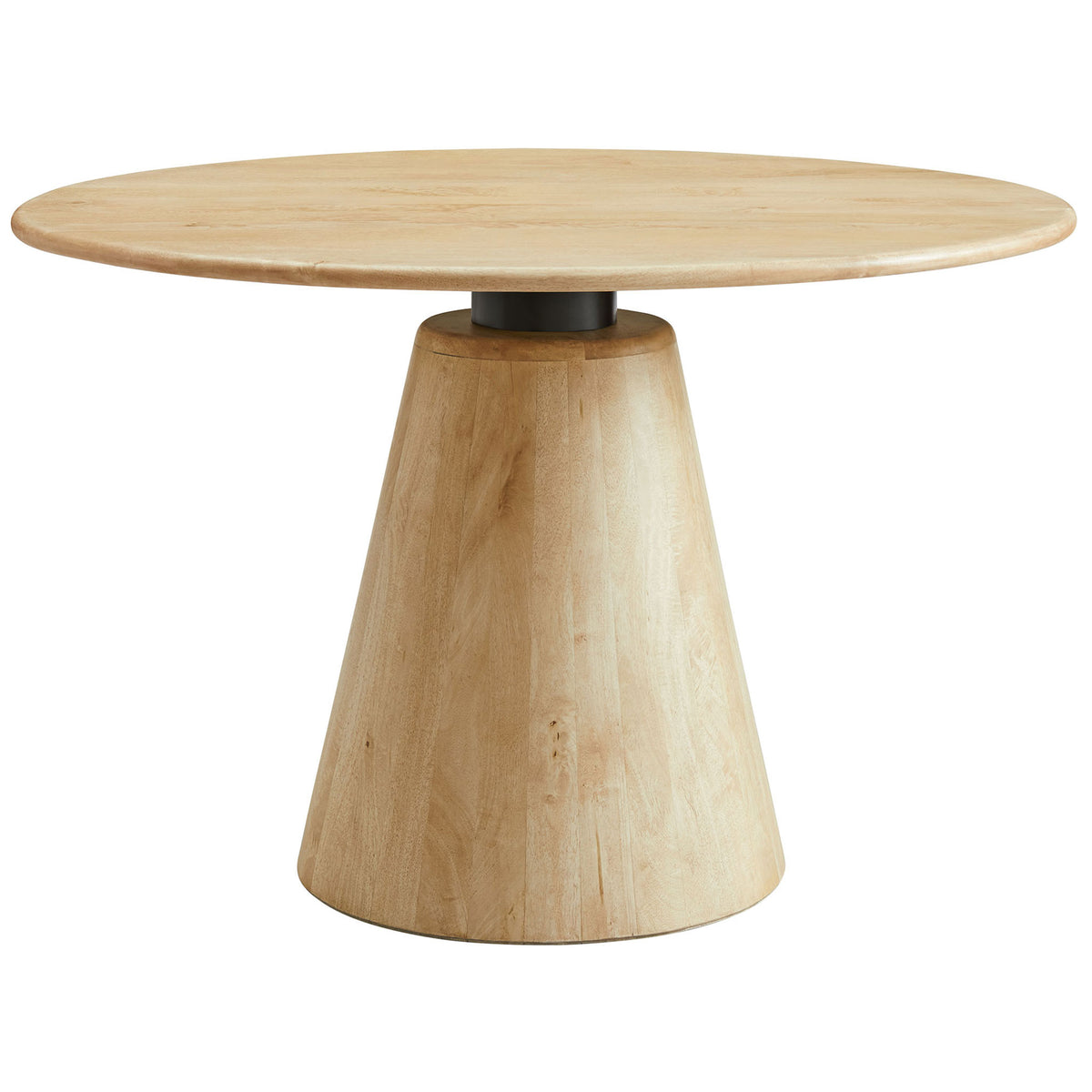 Natural mango wood round dining table with sculptural pedestal base and black metal neck accent. || EEI-7343-NAT || front_angle_studio