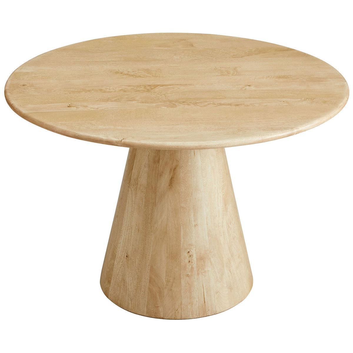 Spacious round tabletop showcasing the rich natural mango wood grain and smooth beveled edge. || EEI-7343-NAT || front_angle_studio