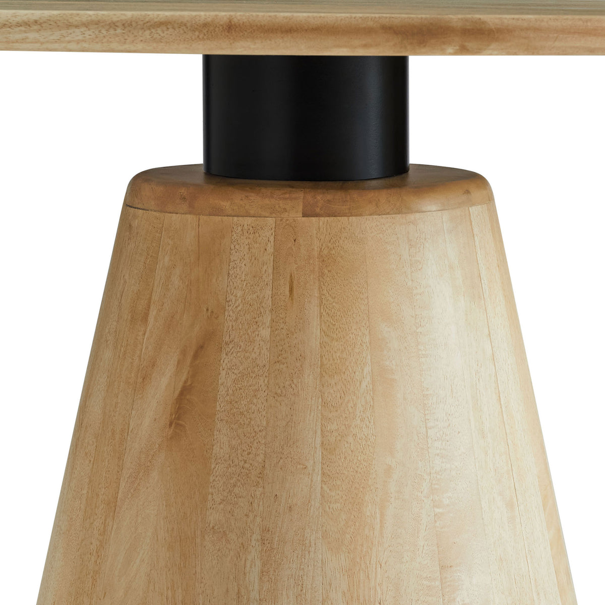 Detail of the tapered mango wood pedestal base contrasted with a sleek black metal neck. || EEI-7343-NAT || detail_studio