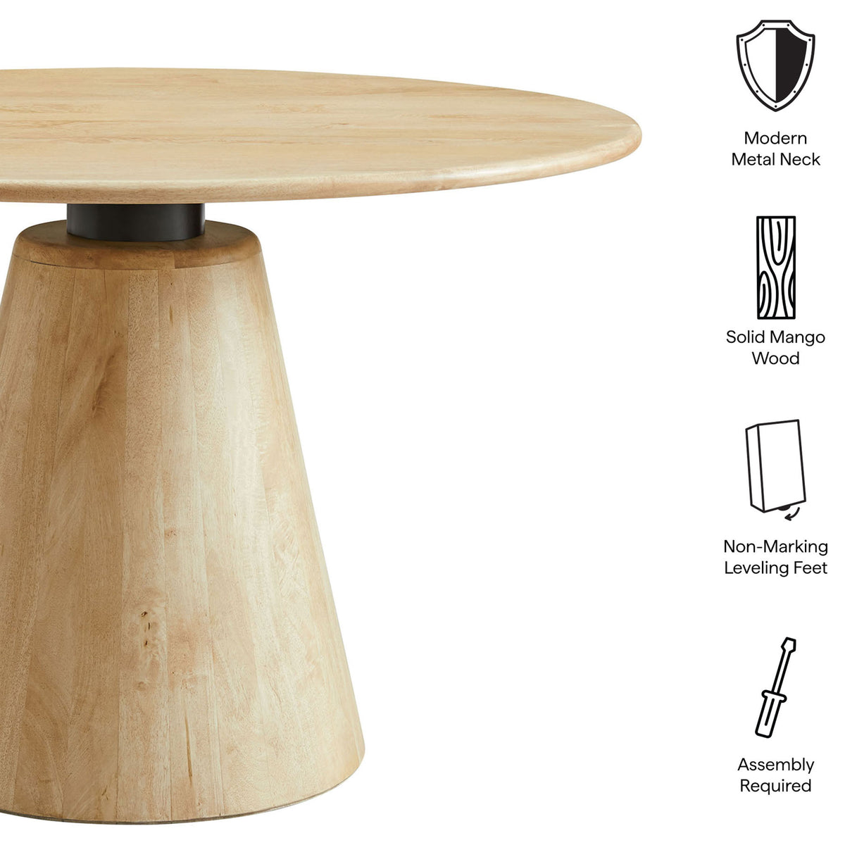 Feature callouts highlighting the table's solid mango wood, modern metal neck, and non-marking leveling feet. || EEI-7343-NAT || callout_studio