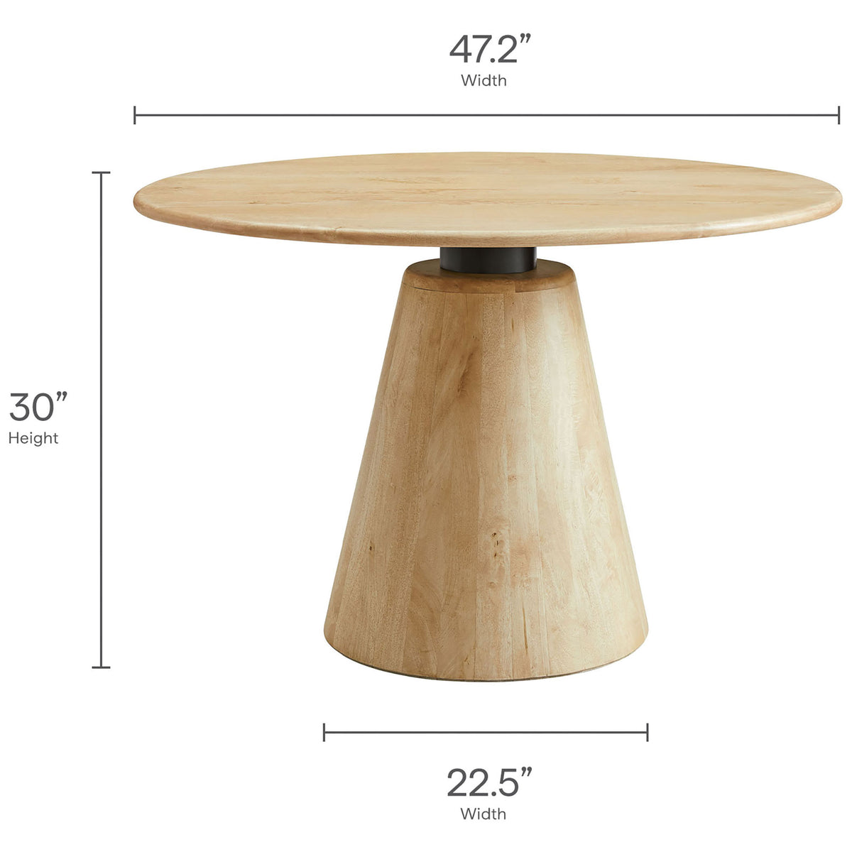 Dimension diagram showing the round dining table's overall height, top diameter, and pedestal width. || EEI-7343-NAT || dimension_studio