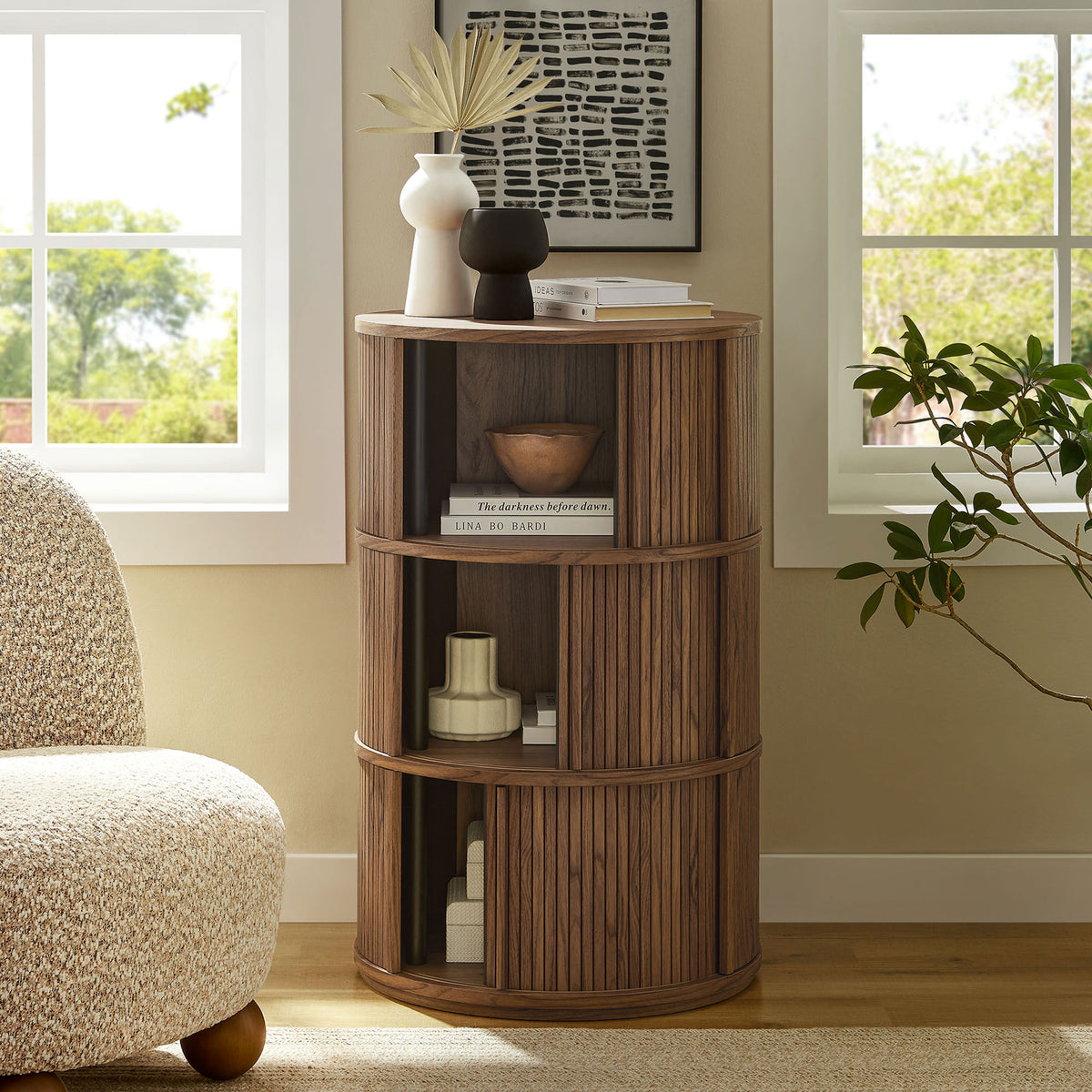 Walnut pedestal cabinet showcasing mixed decor pieces and adjustable sliding doors for customizable display || EEI-7344-WAL || front_open_room
