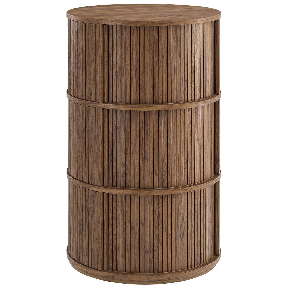 Sculptural walnut pedestal table with fluted tambour panels and a smooth round top for display or storage || EEI-7344-WAL || front_angle_studio