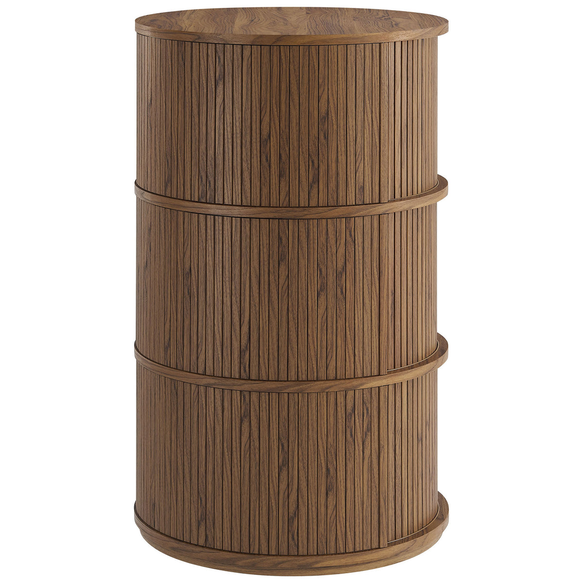Warm walnut cylinder table with continuous vertical slats creating a refined mid-century storage accent || EEI-7344-WAL || back_angle_studio