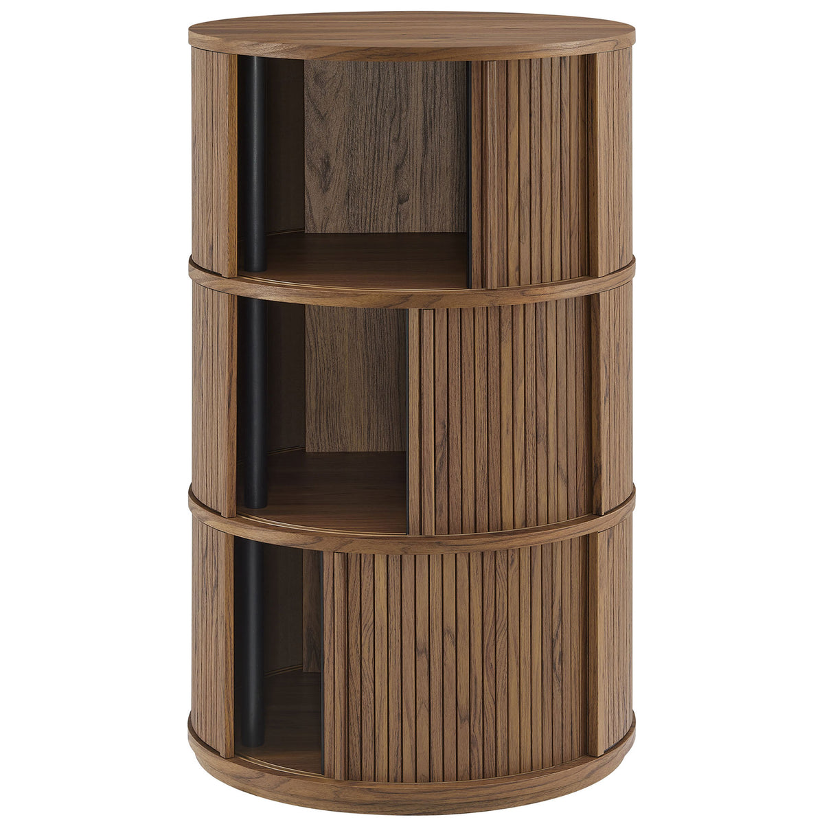 Walnut pedestal storage table with sliding tambour doors partially opened to reveal roomy interior shelving || EEI-7344-WAL || front_open_studio