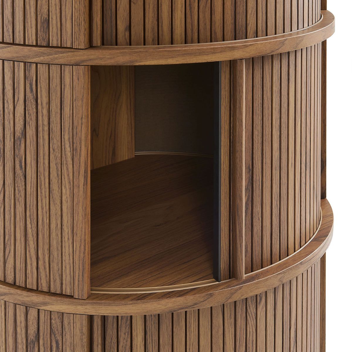 Walnut tambour door glides open to expose a smooth interior shelf for books and decor || EEI-7344-WAL || storage_open_studio