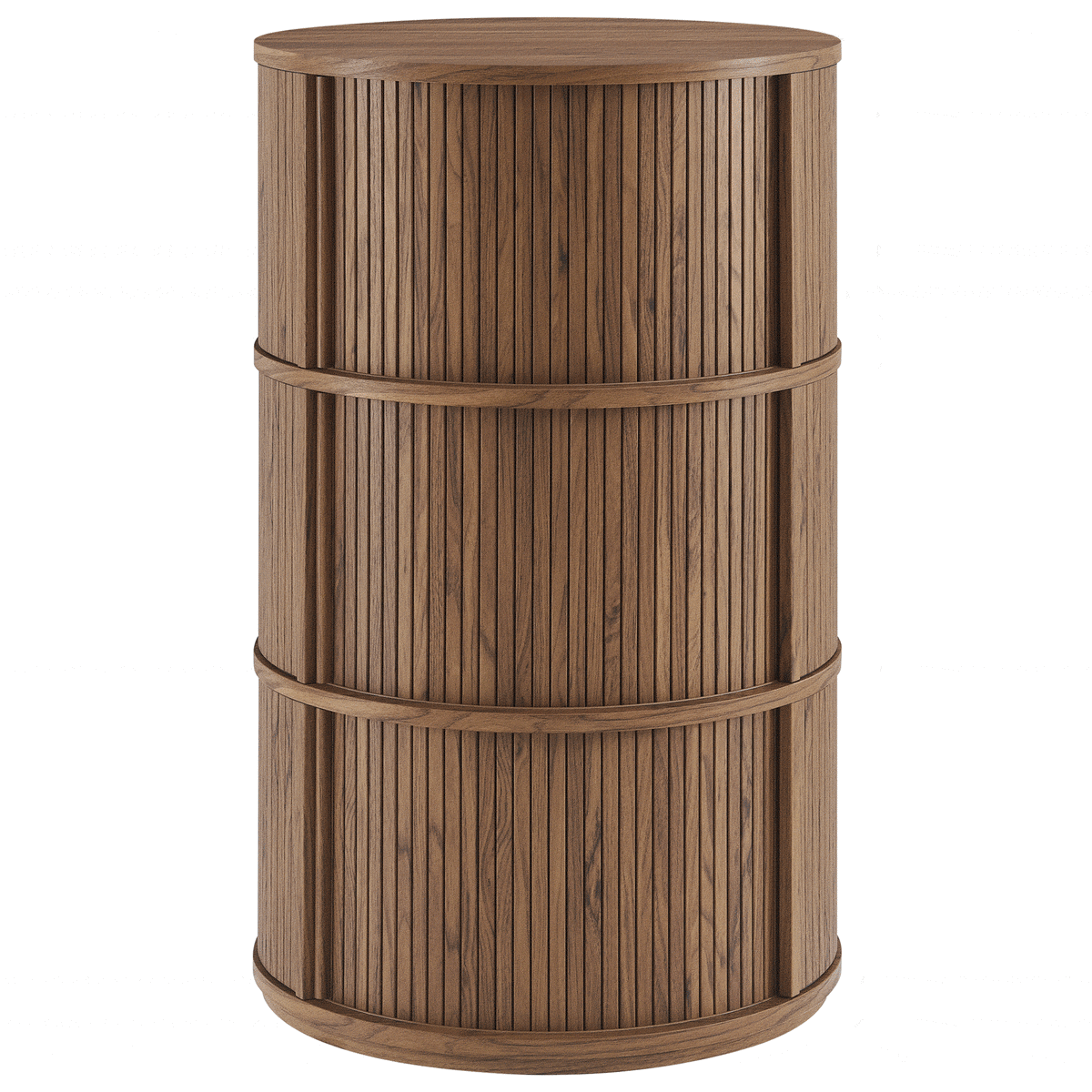 Walnut tambour storage table highlighting its seamless cylindrical silhouette and layered pedestal bands || EEI-7344-WAL || front_angle_studio