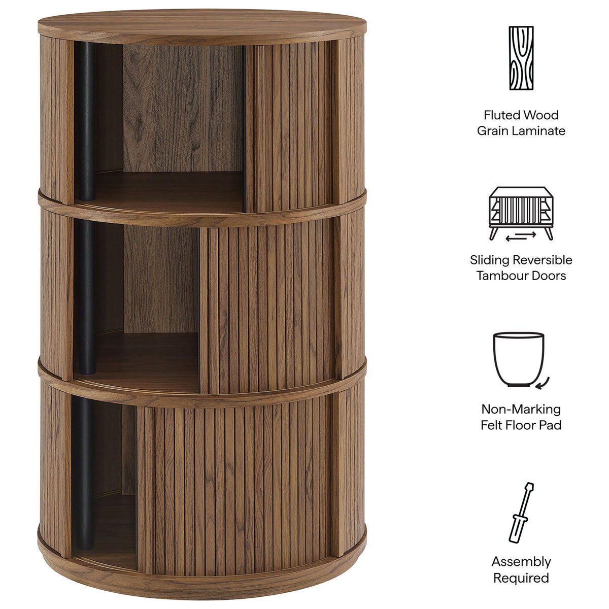 Feature graphic of the walnut tambour storage table calling out fluted wood grain, reversible doors, and felt pads || EEI-7344-WAL || callout_studio