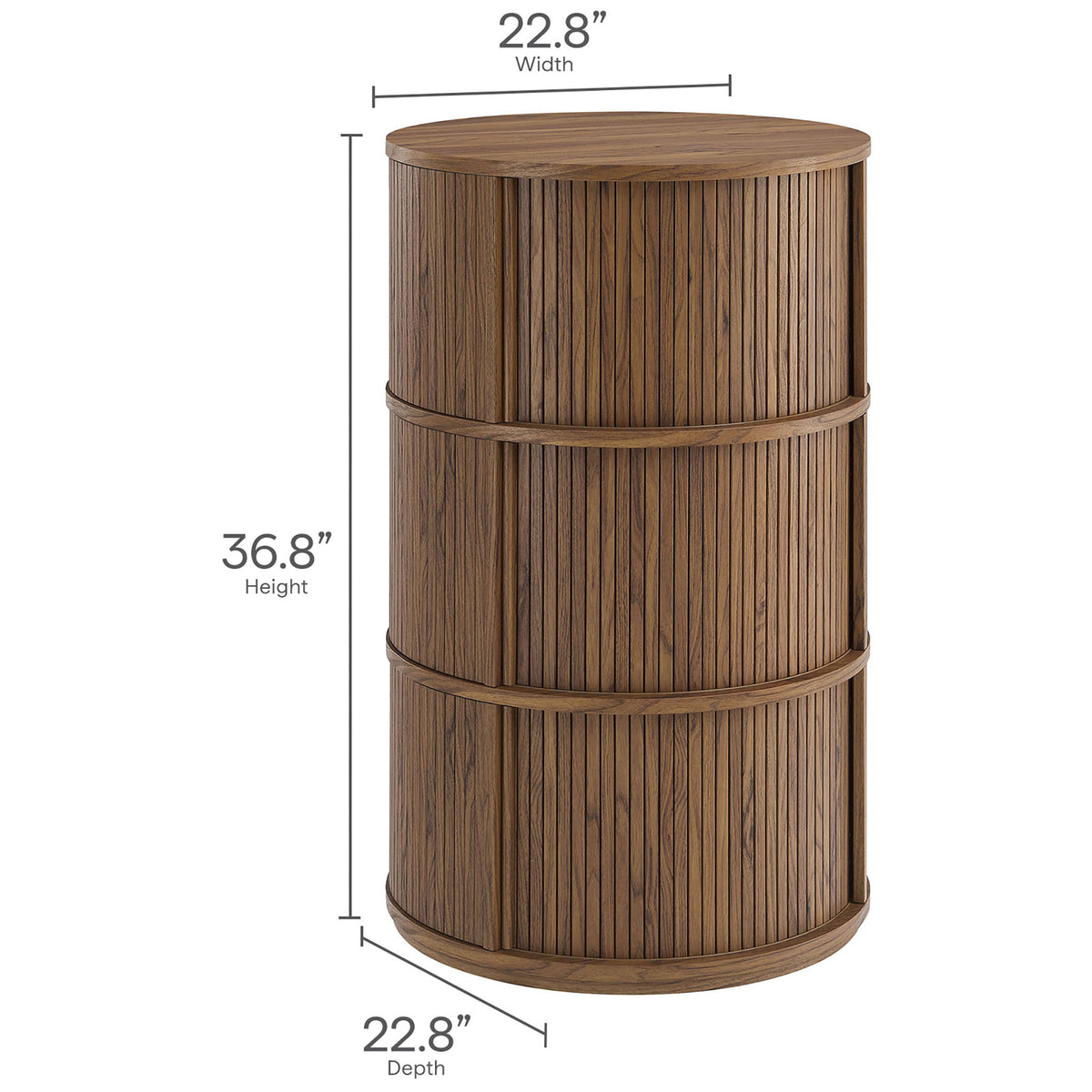 Dimension graphic of the walnut pedestal storage table showing overall height, width, and depth measurements || EEI-7344-WAL || dimension_studio