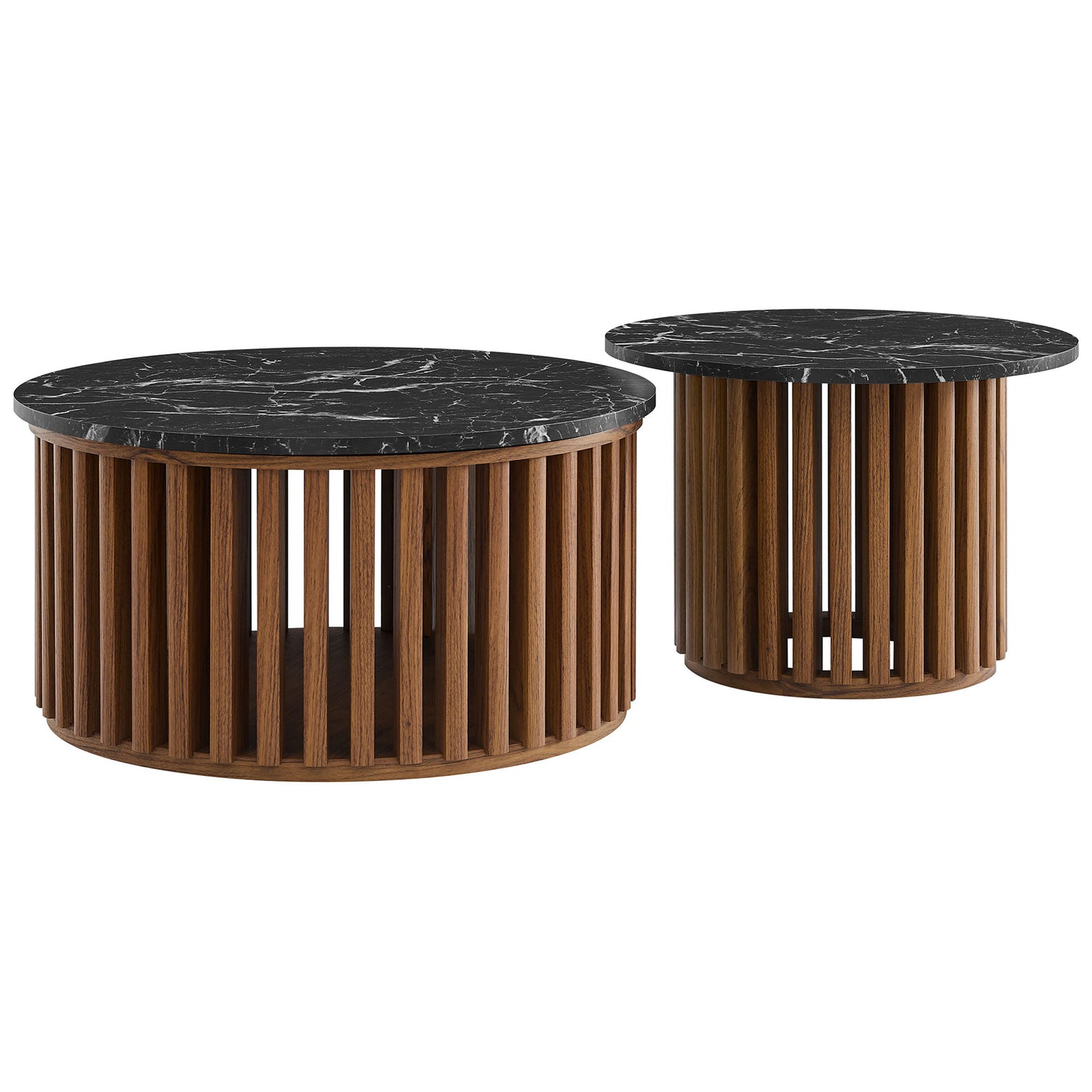 Two-piece nesting set pairs striking black faux marble with rich walnut slatted drums. || EEI-7345-WAL-BLK || front_angle_studio