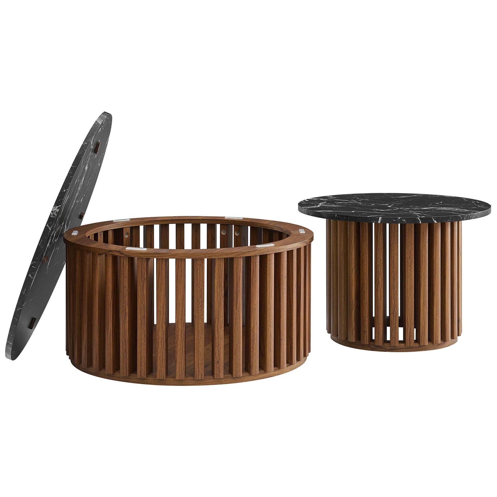 Removable tabletop reveals hidden storage inside the larger drum while the set nests with ease. || EEI-7345-WAL-BLK || front_angle_open_studio