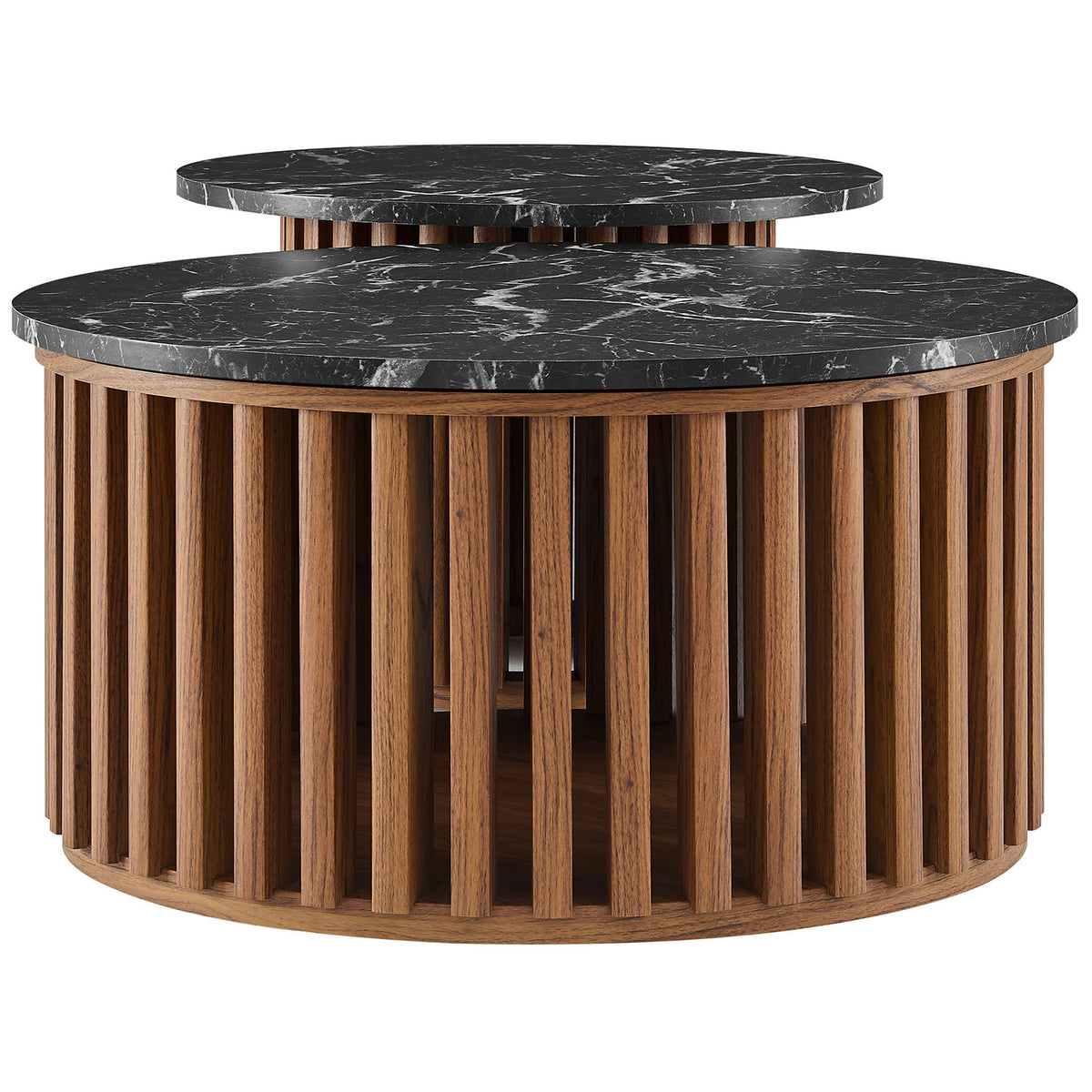 Nesting coffee tables showcase veined black faux marble tops over warm walnut slatted bases. || EEI-7345-WAL-BLK || side_studio
