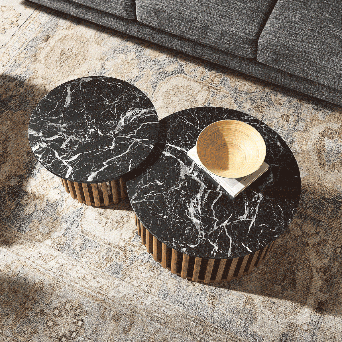 Elegant nesting duo elevates everyday lounging with rich wood texture and statement marble tops. || EEI-7345-WAL-BLK || front_angle_room