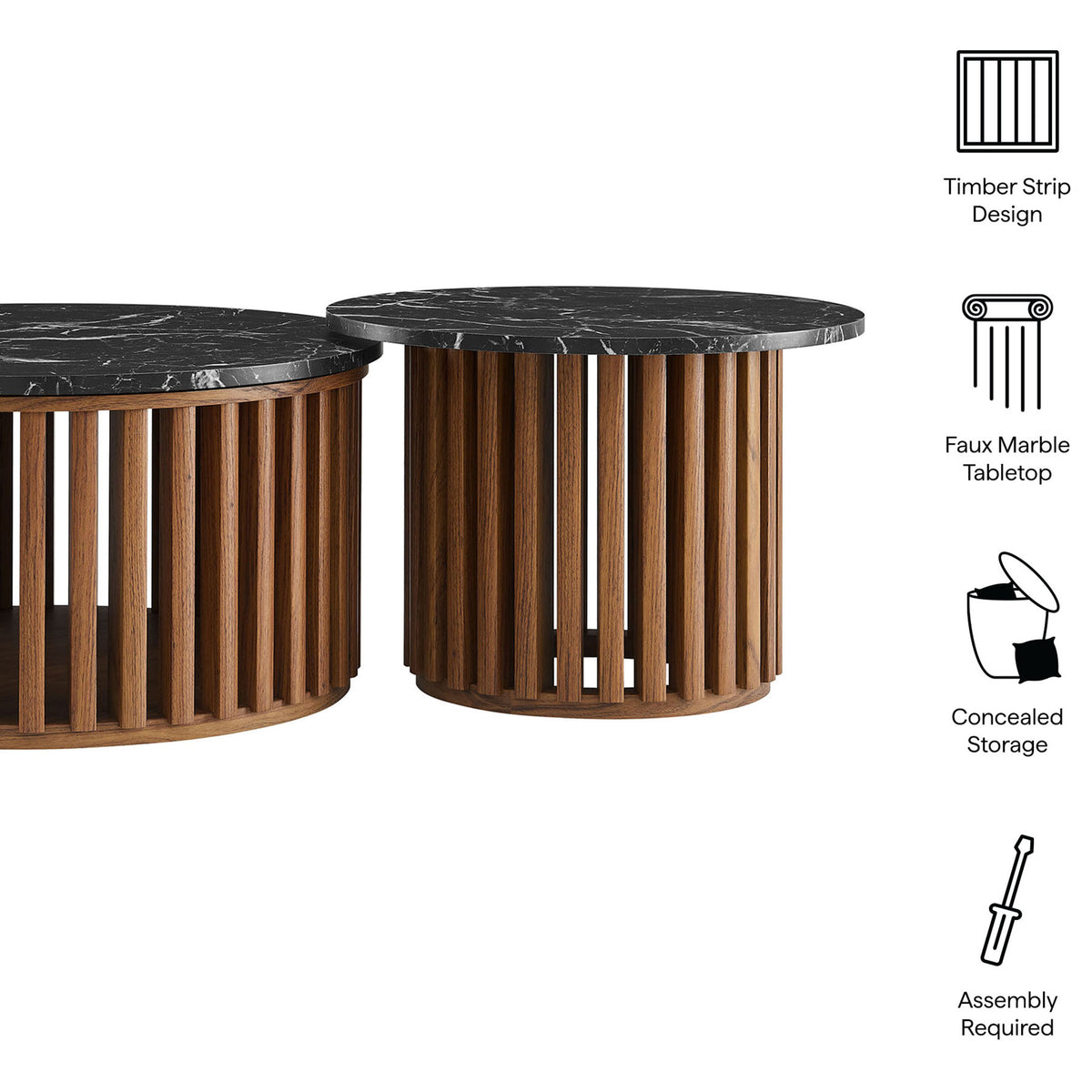 Key features include faux marble tops, slatted drum bases, and concealed storage with easy assembly. || EEI-7345-WAL-BLK || callout_studio