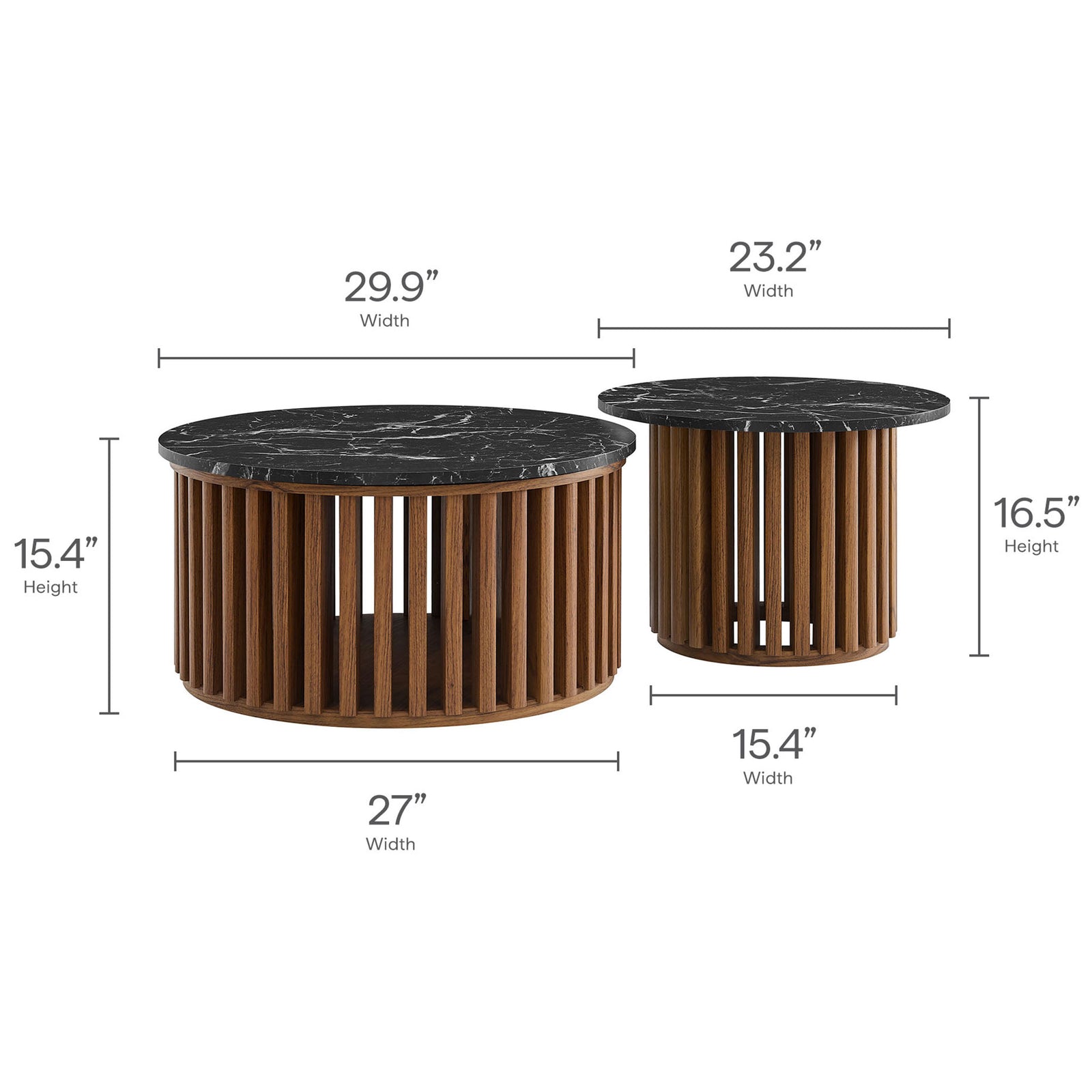 Dimensions for both tables provide scale at a glance for easy room planning. || EEI-7345-WAL-BLK || dimension_studio