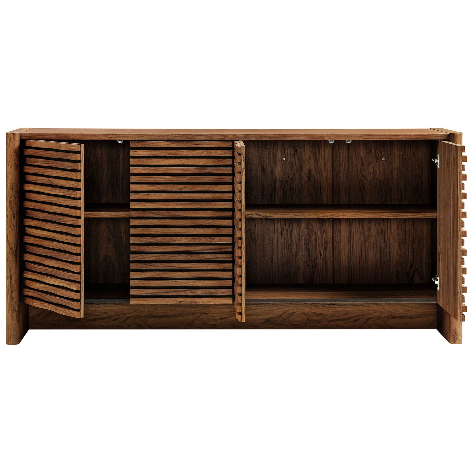 Spacious interior storage with adjustable shelves revealed behind the walnut wave-front cabinet doors || EEI-7346-WAL || front_open_studio