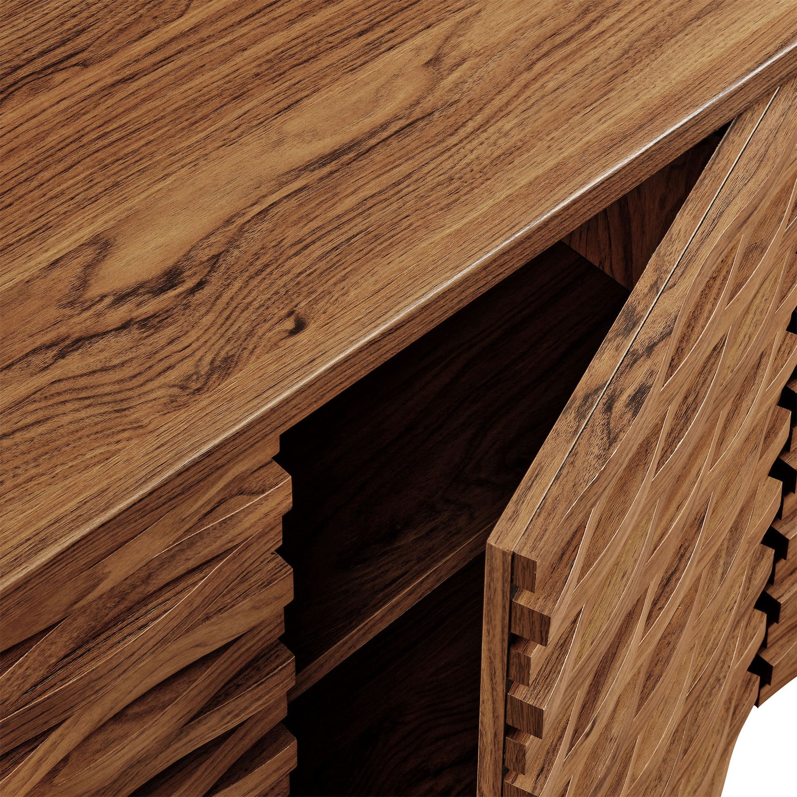 Smooth walnut top and sculpted door edge highlighting the Emric sideboard craftsmanship || EEI-7346-WAL || detail_studio