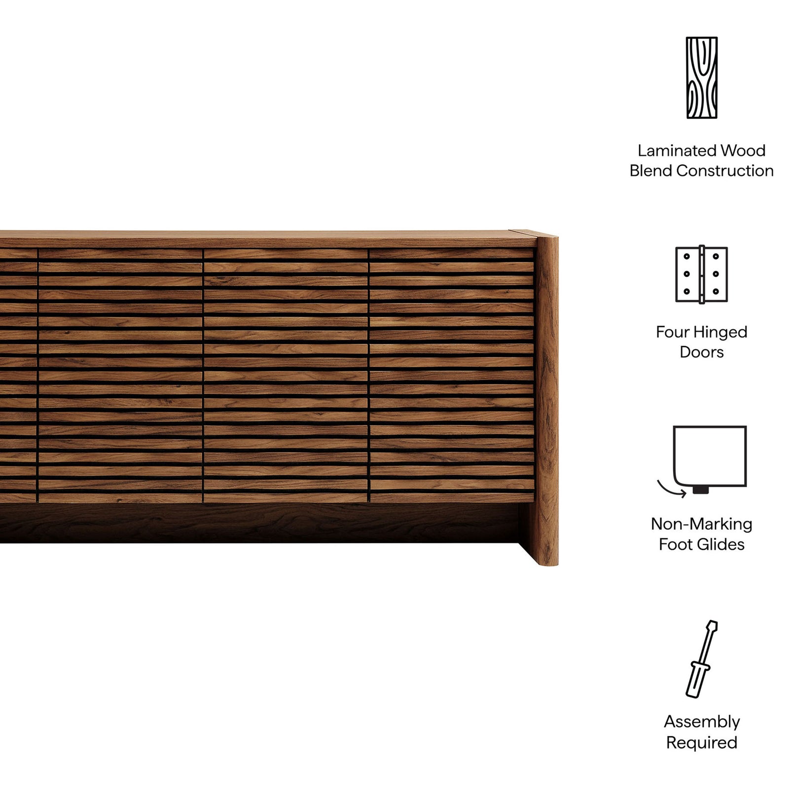 Emric sideboard with feature icons highlighting laminated wood blend, hinged doors, and non-marking glides || EEI-7346-WAL || callout_studio