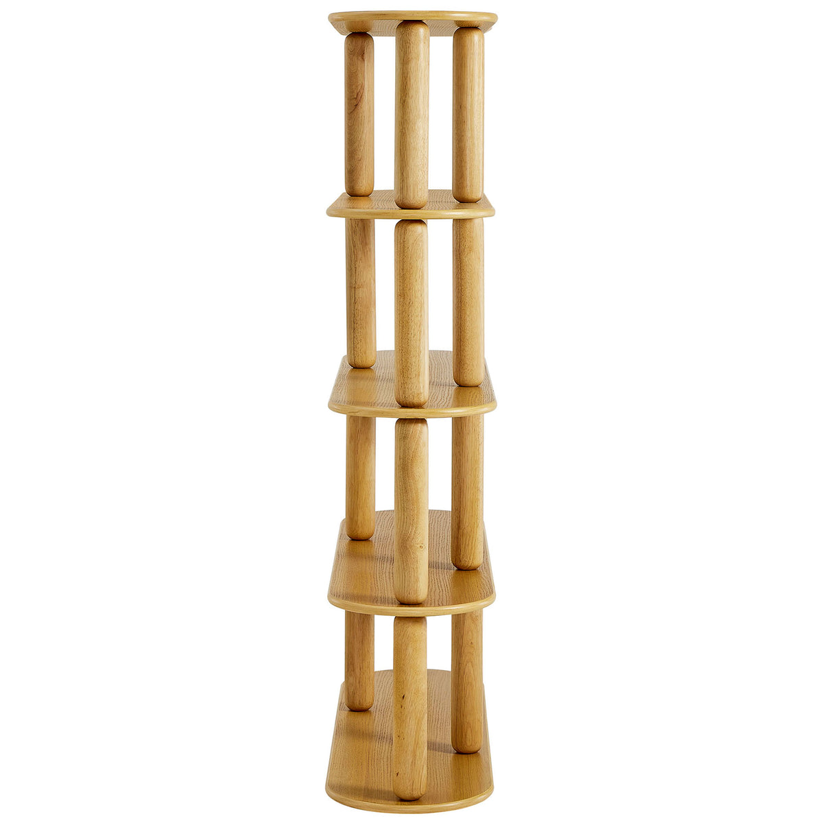Slim profile highlights the oval tiers and smooth, rounded shelf edges || EEI-7347-OAK || side_studio