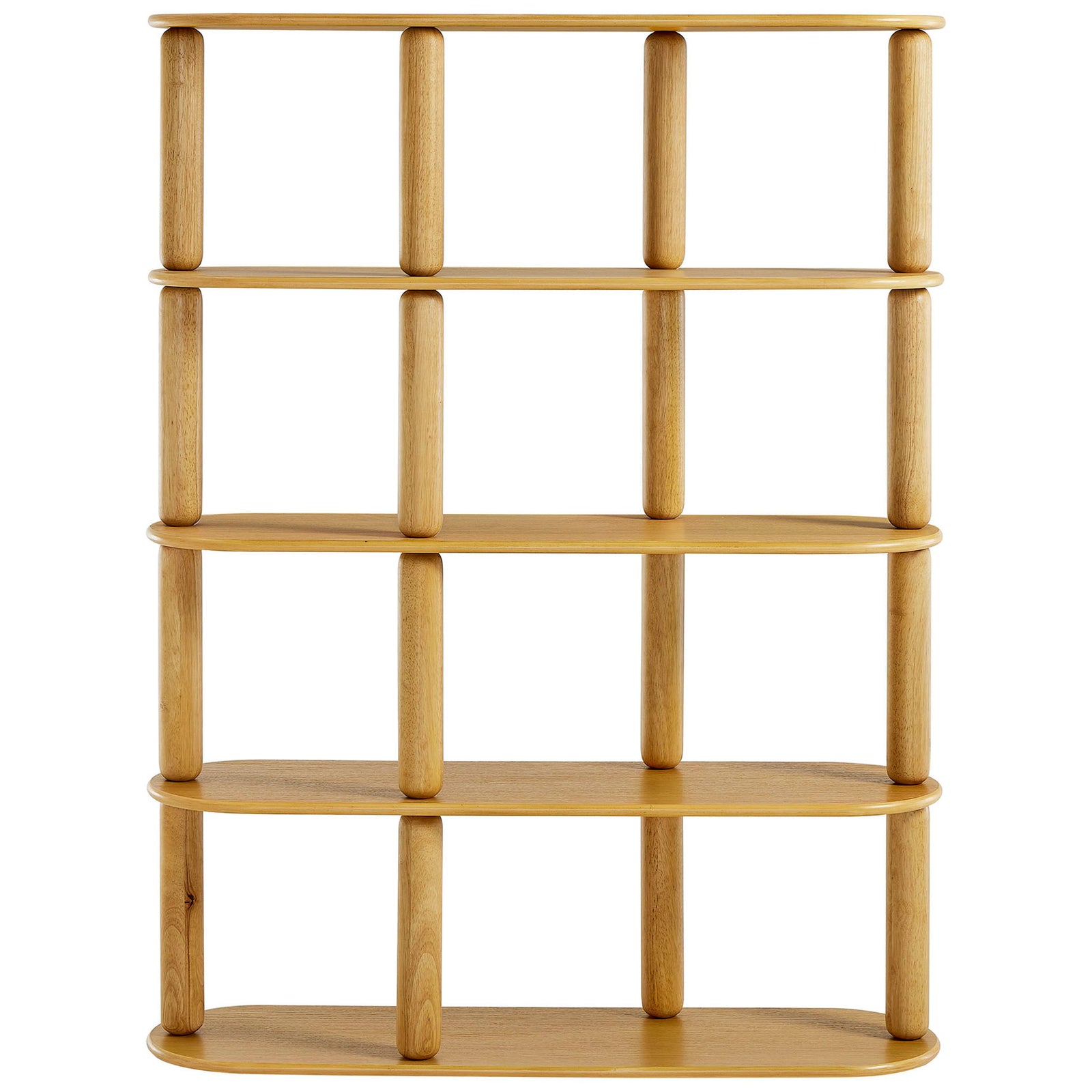 Oval 4-tier oak bookshelf with rounded edges and sturdy rubberwood support rods || EEI-7347-OAK || front_studio