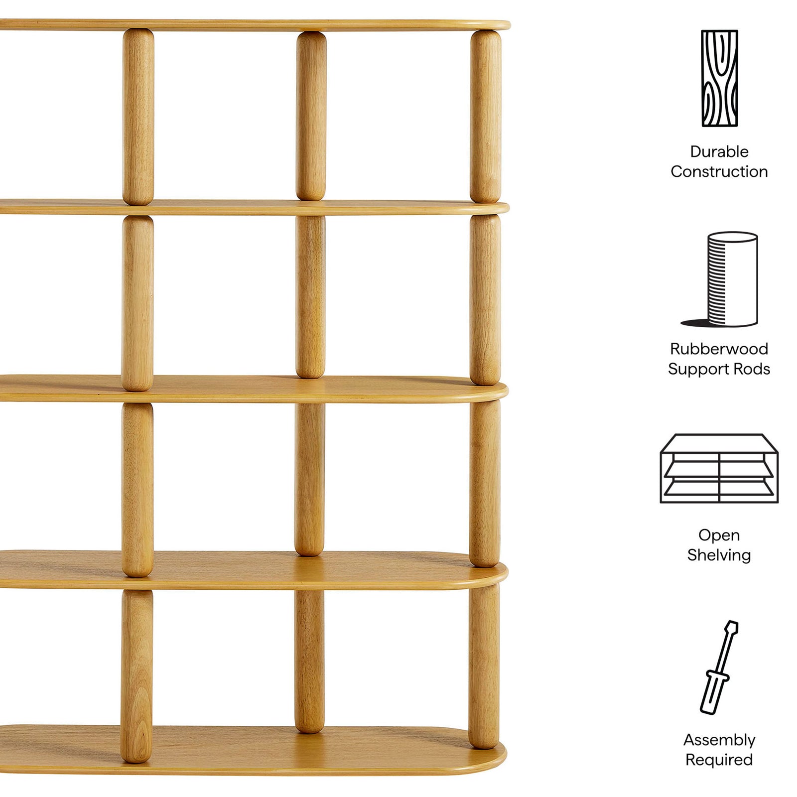 Durable construction with rubberwood support rods and open shelving for easy display || EEI-7347-OAK || callout_studio