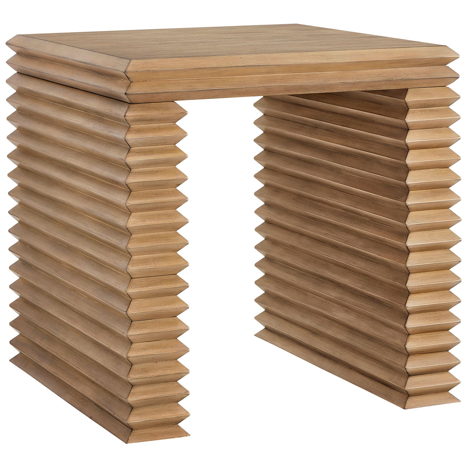 Architectural end table with deep ridged legs and a warm oak grain top that adds texture to contemporary spaces || EEI-7349-WOA || front_angle_studio