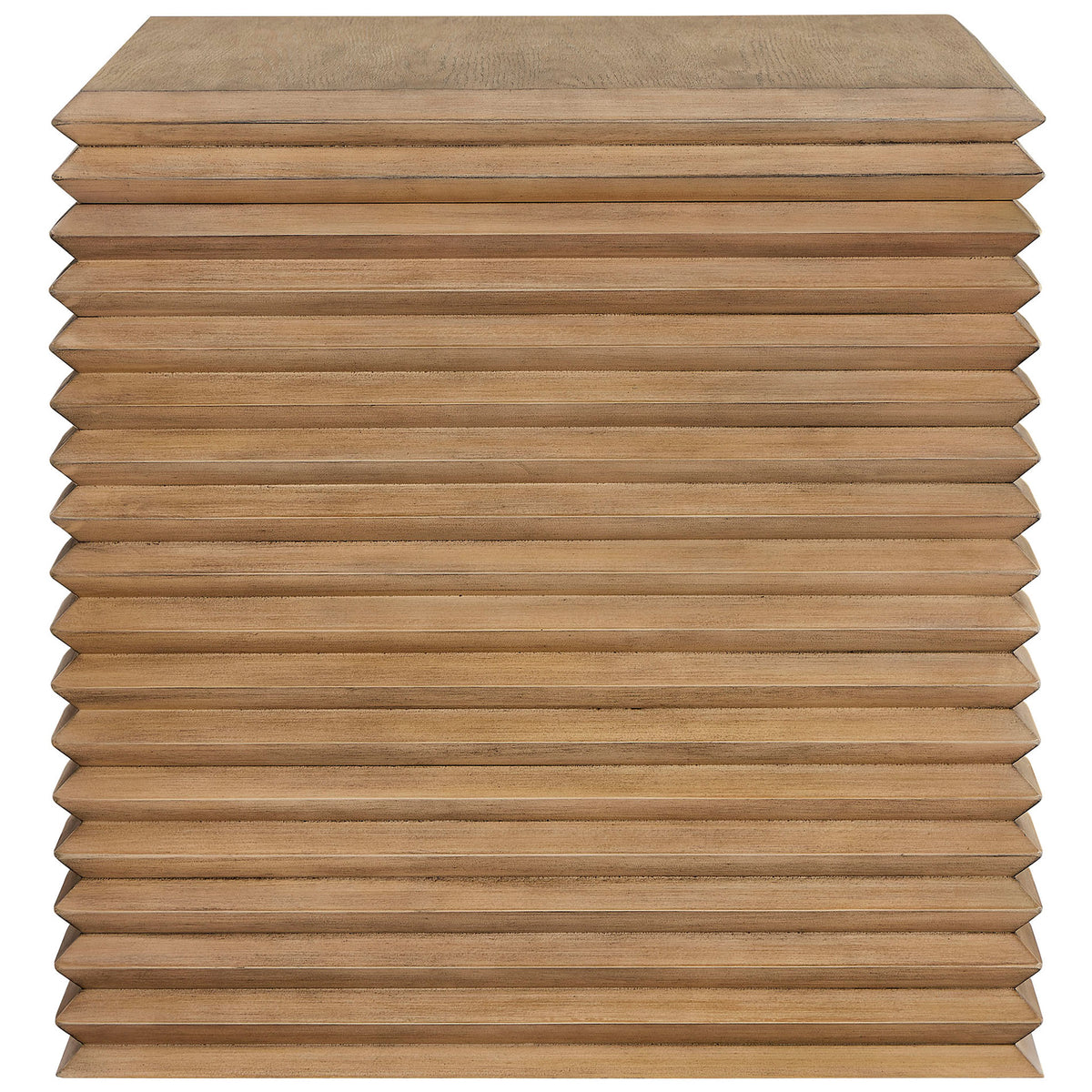 Stacked wood side panels emphasize the end table sculptural silhouette and warm weathered oak profile || EEI-7349-WOA || side_studio