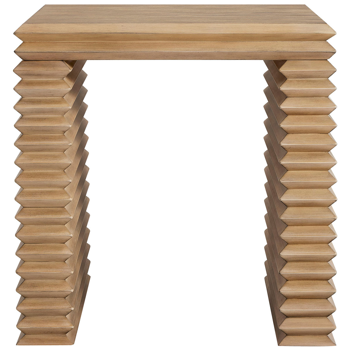 Sculptural square end table with weathered oak finish and bold stacked legs for a modern living room statement || EEI-7349-WOA || front_studio