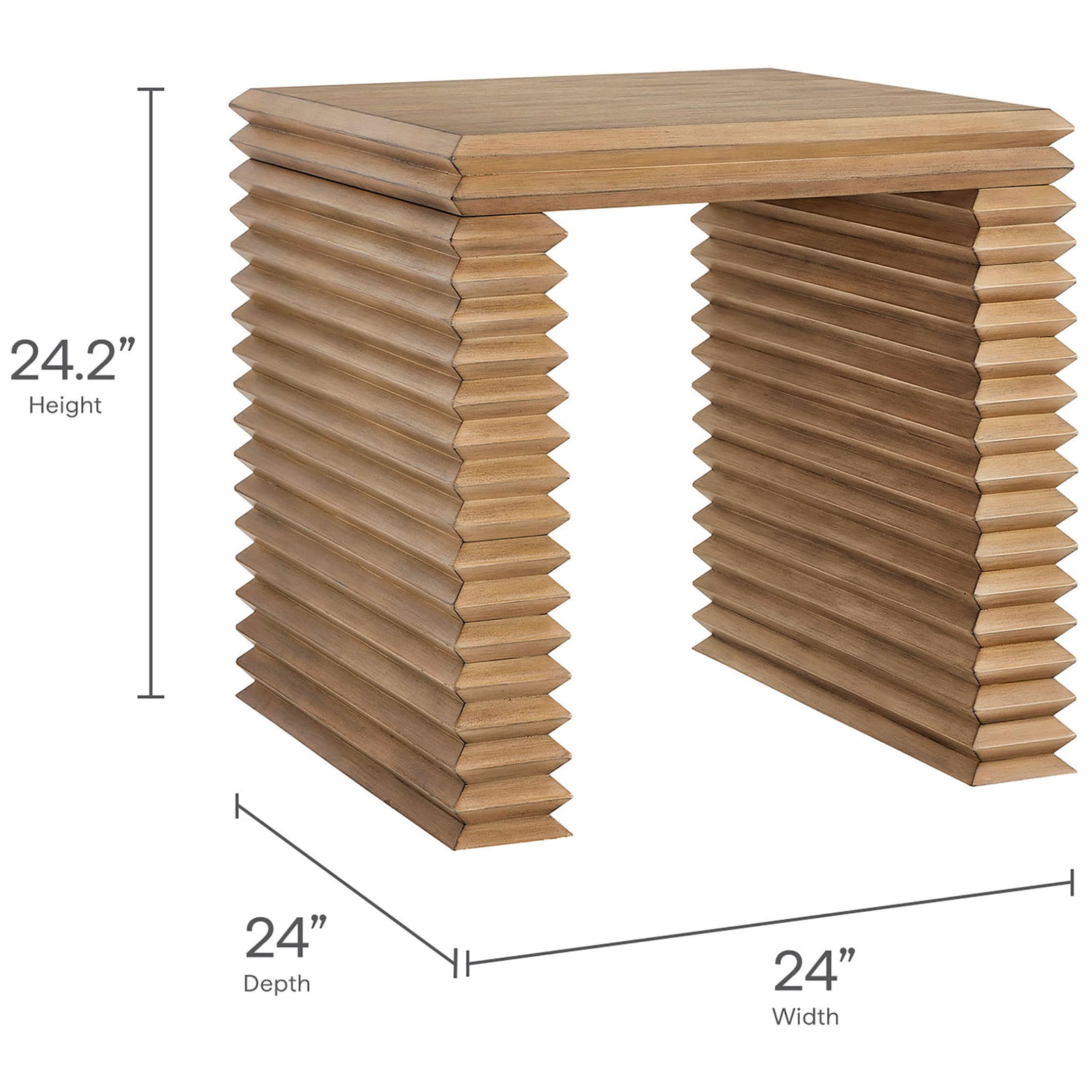 End table dimensions show a 24 inch square top and just over 24 inches in height for versatile placement || EEI-7349-WOA || dimension_studio