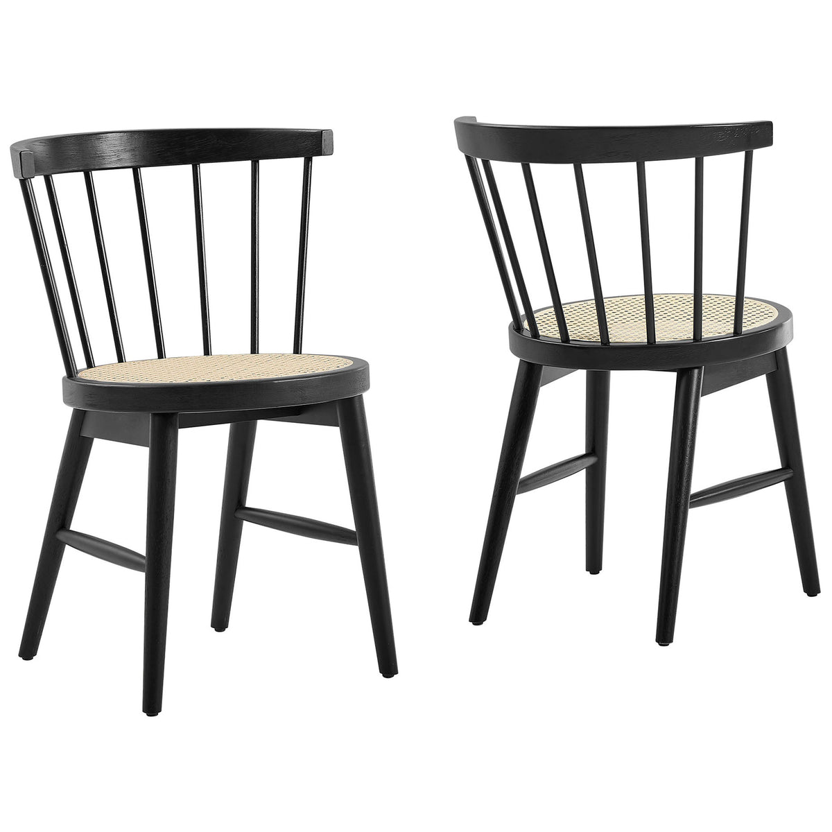 Set of two black spindle back dining chairs with woven cane seats bring light texture to your dining space || EEI-7350-BLK || front_angle_multi_studio