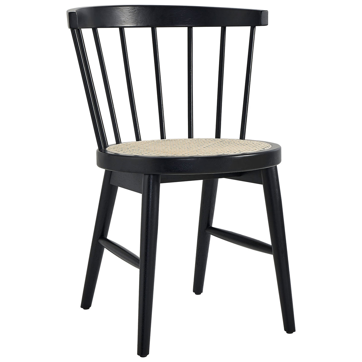 Black rubberwood dining chair with curved spindle back and woven cane seat adds modern farmhouse charm || EEI-7350-BLK || front_angle_studio
