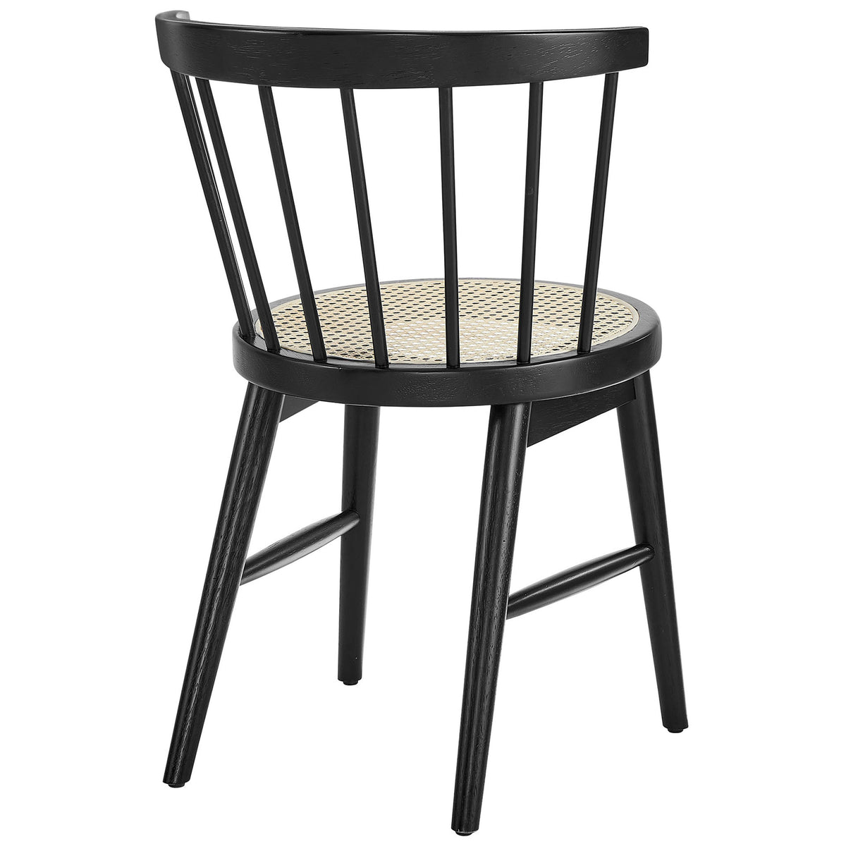 Curved spindle back design on this black dining chair creates an open, inviting look around the table || EEI-7350-BLK || back_angle_studio