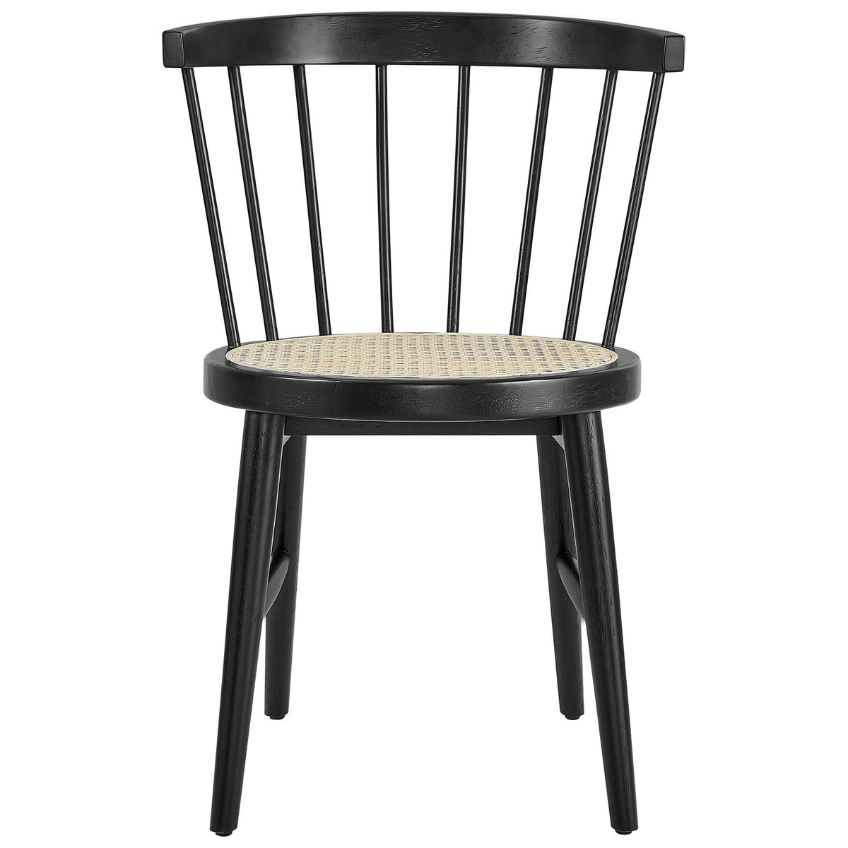 Black curved spindle dining chair with round woven cane seat for airy comfort and timeless style || EEI-7350-BLK || front_studio